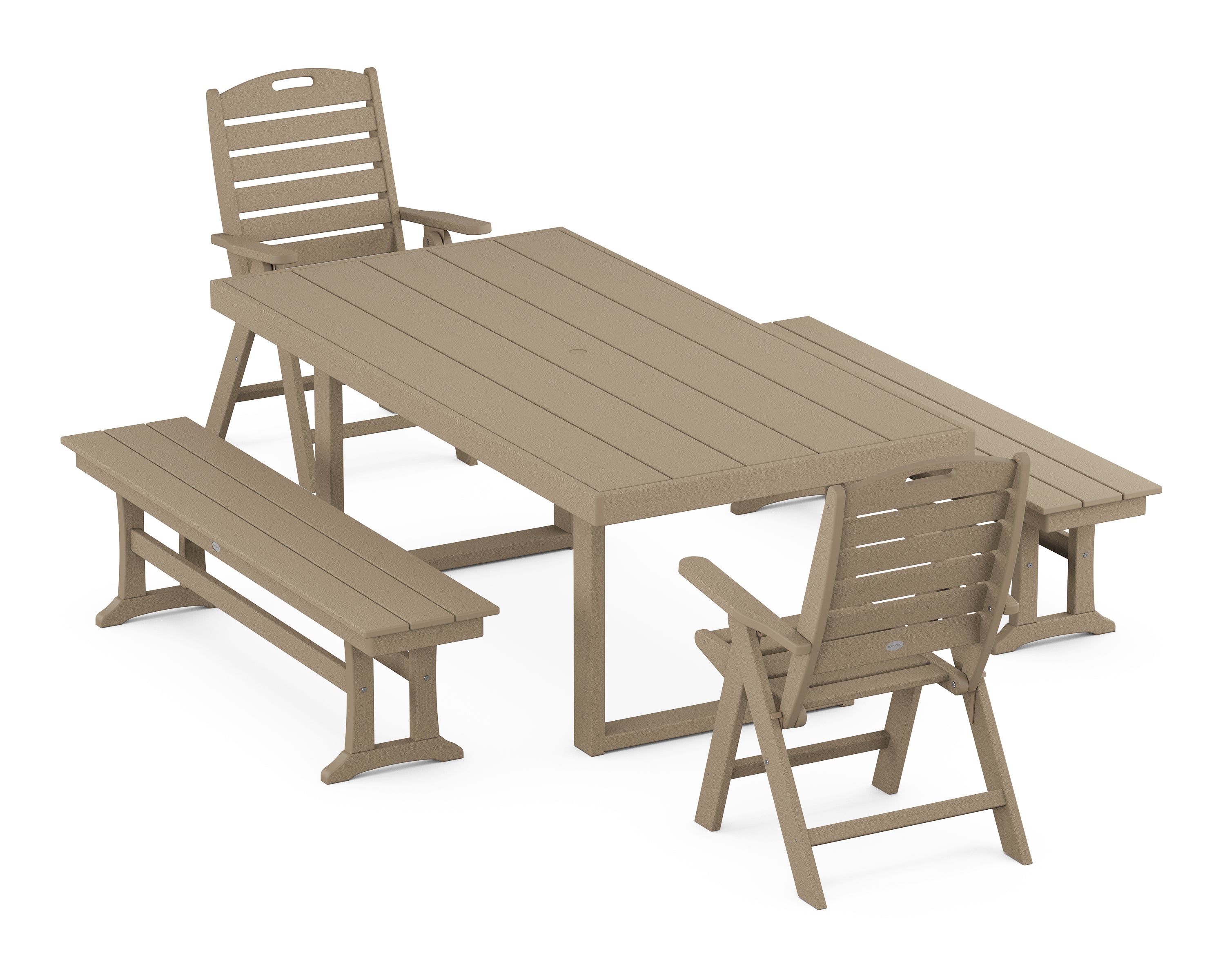 POLYWOOD® Nautical Folding Highback 5-Piece Dining Set with Trestle Legs in Vintage Sahara