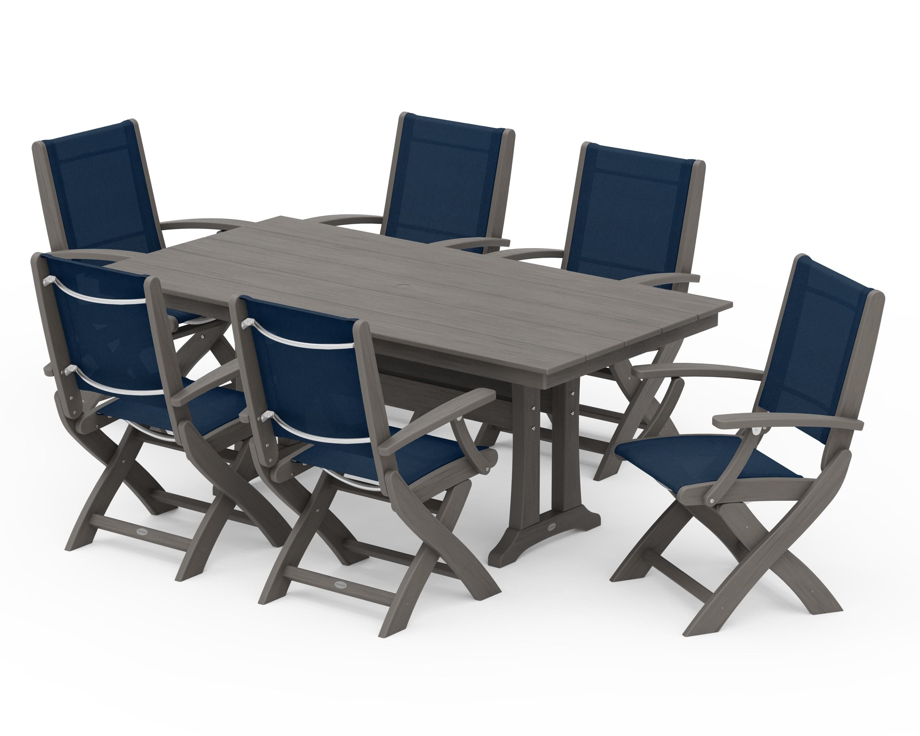 POLYWOOD Coastal Folding Arm Chair 7-Piece Farmhouse Dining Set with Trestle Legs in Driftwood / Navy Blue Sling