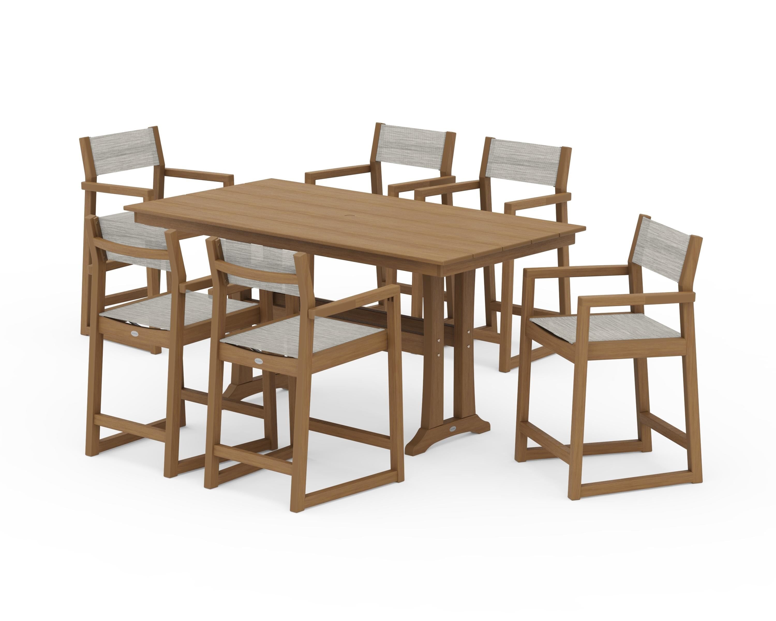 POLYWOOD EDGE Sling Arm Chair 7-Piece Farmhouse Counter Set with Trestle Legs in Natural / Birch Sling