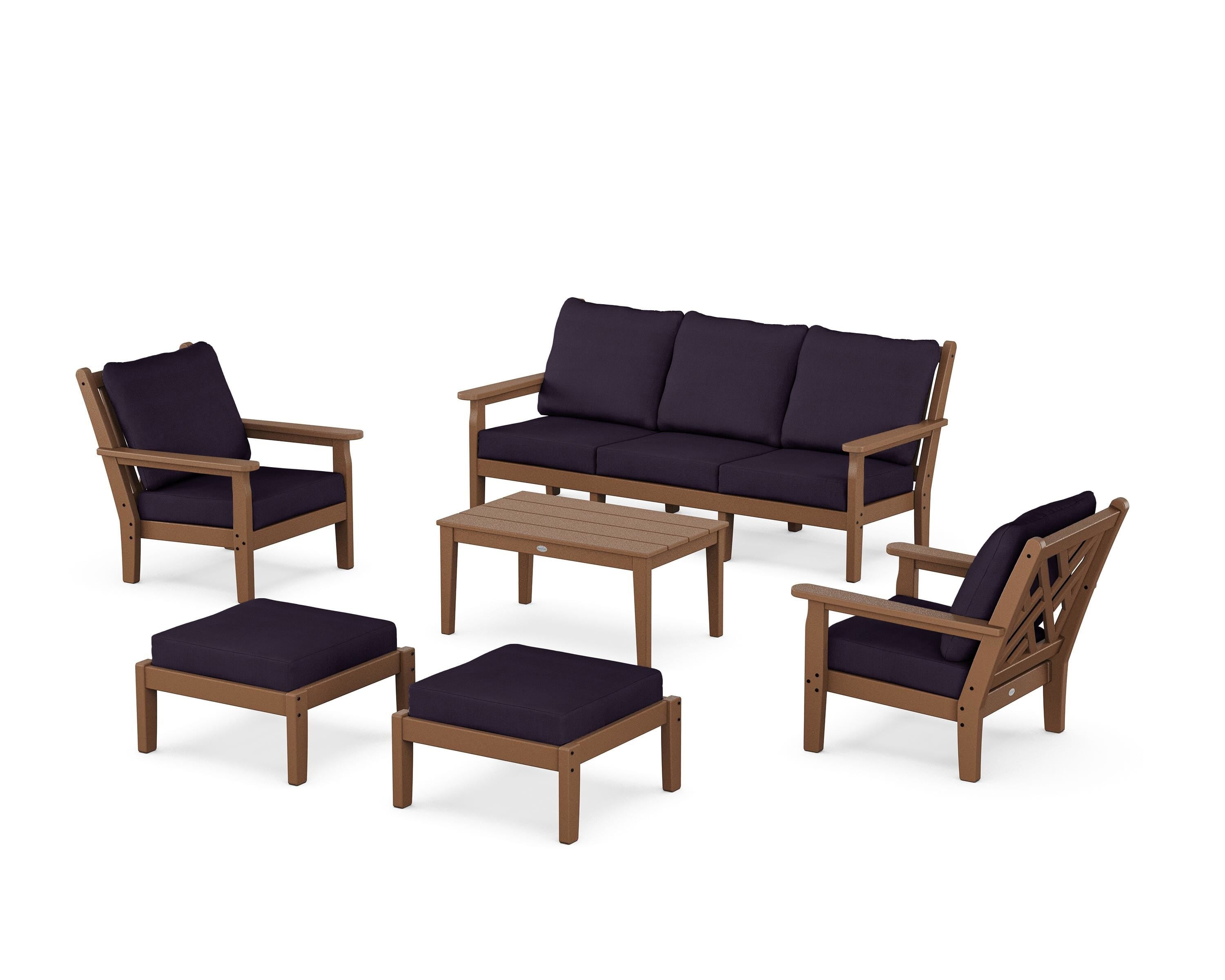 POLYWOOD Chippendale 6-Piece Lounge Sofa Set in Teak / Navy Linen