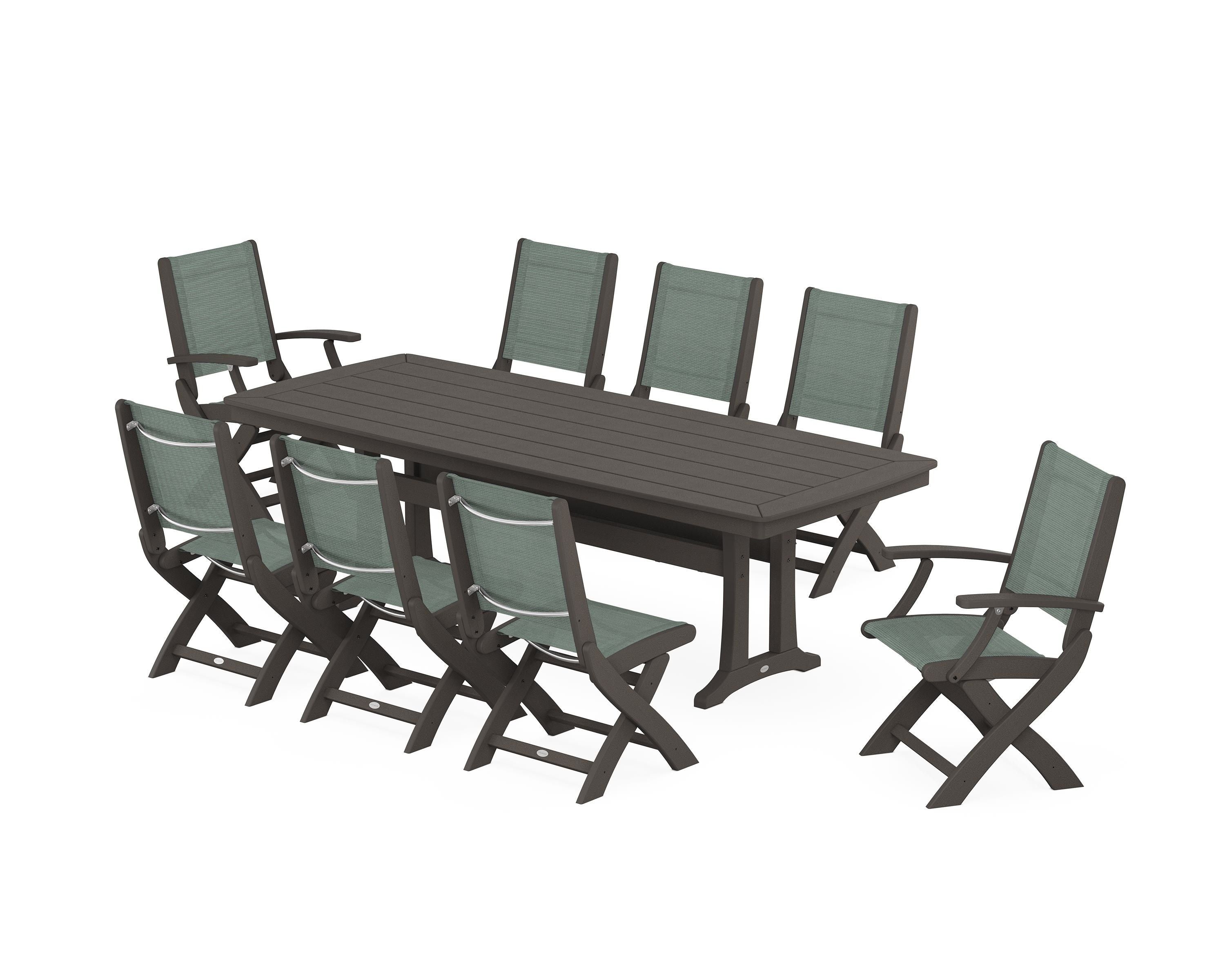 POLYWOOD Coastal Folding 9-Piece Dining Set with Trestle Legs in Vintage Coffee / Dupioni Sea Mist Sling