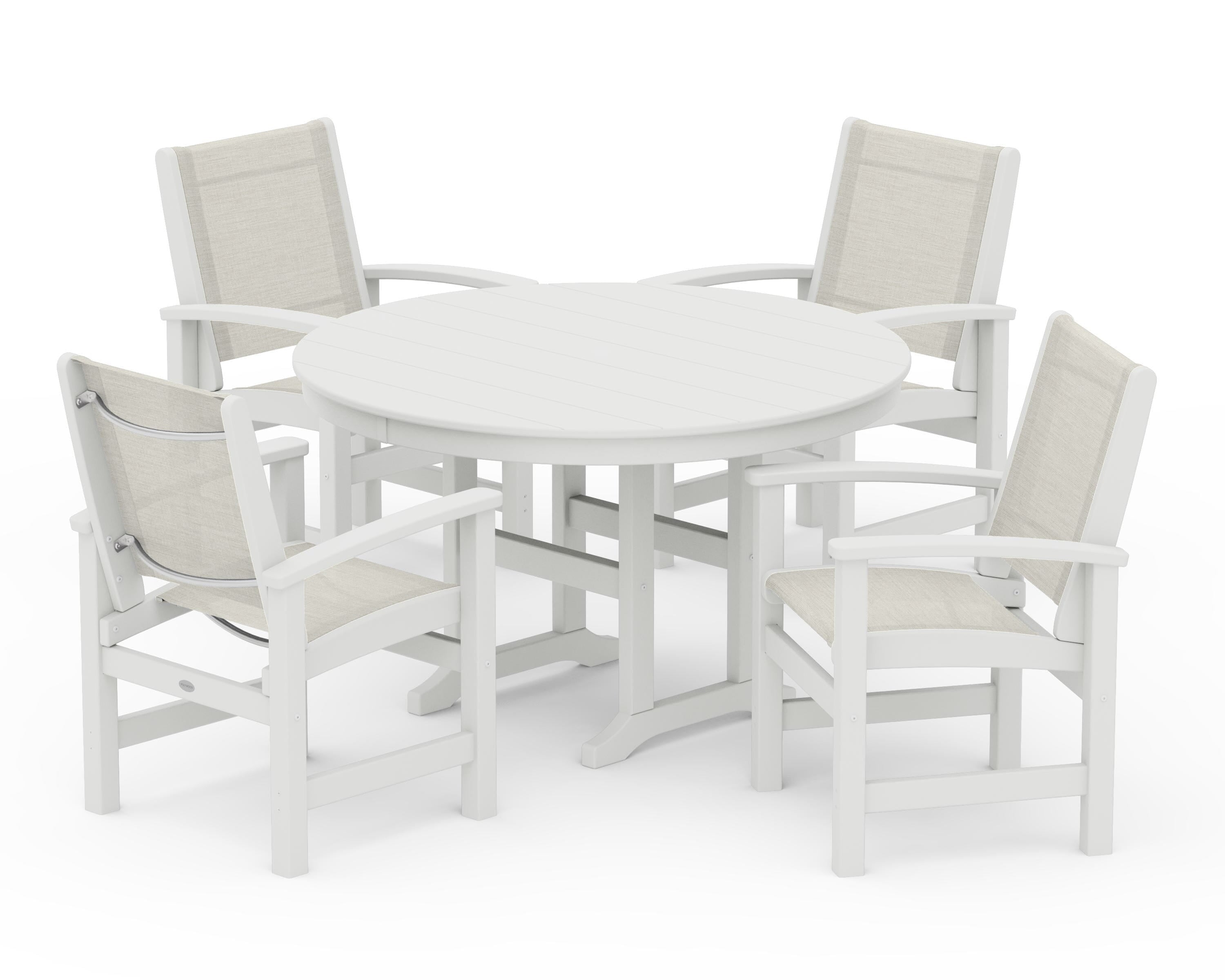 POLYWOOD Coastal 5-Piece Round Farmhouse Dining Set in Vintage White / Parchment Sling