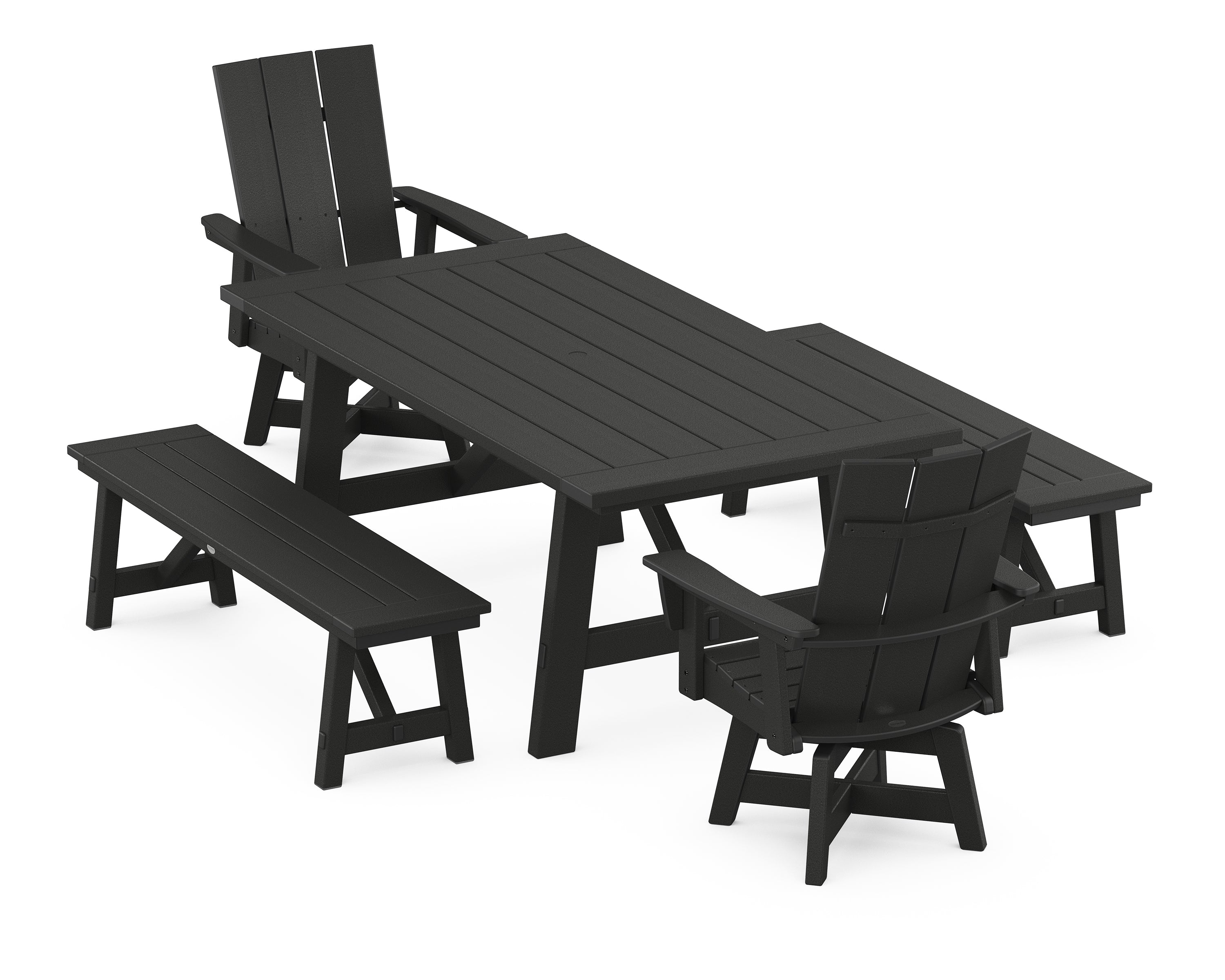 POLYWOOD® Modern Curveback Adirondack Swivel Chair 5-Piece Rustic Farmhouse Dining Set With Benches in Black