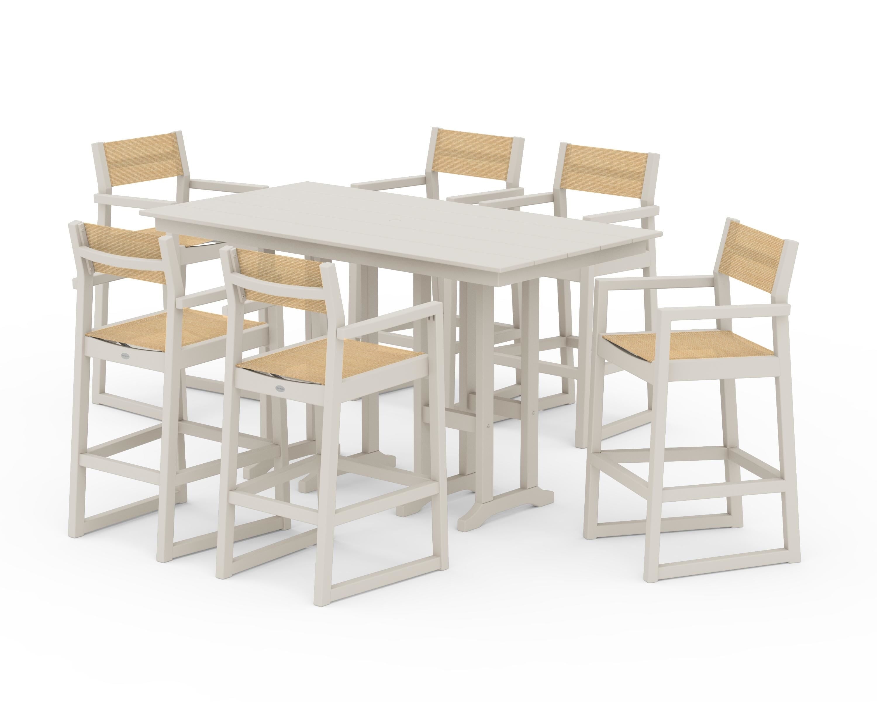 POLYWOOD EDGE Sling Arm Chair 7-Piece Farmhouse Bar Set in Sand / Dupioni Apricot Sling