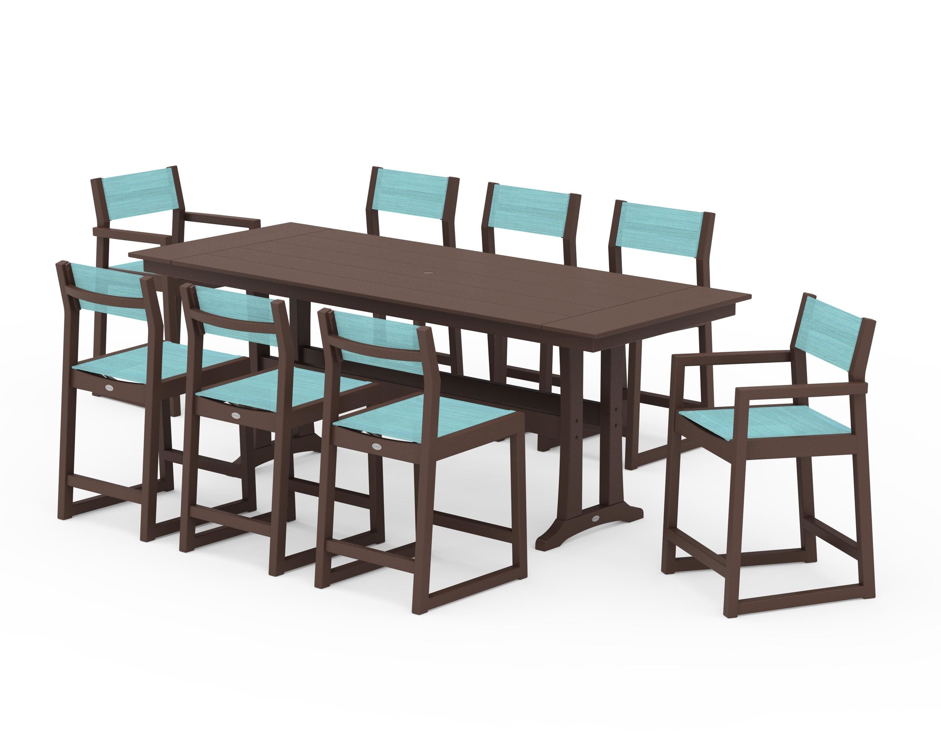 POLYWOOD EDGE Sling 9-Piece Farmhouse Counter Set with Trestle Legs in Mahogany / Dupioni Aquamarine Sling