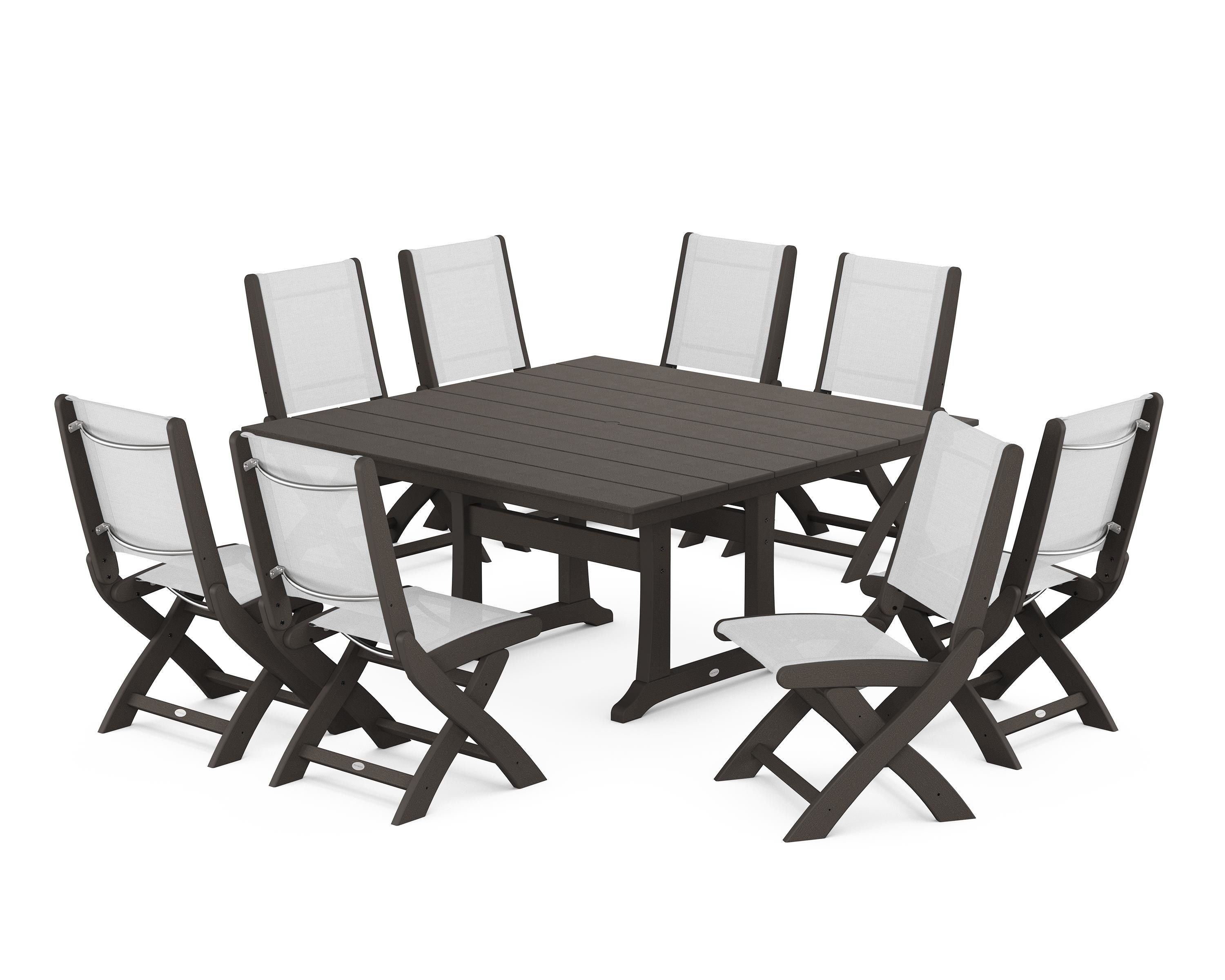 POLYWOOD Coastal Folding Side Chair 9-Piece Farmhouse Dining Set in Vintage Coffee / White Sling