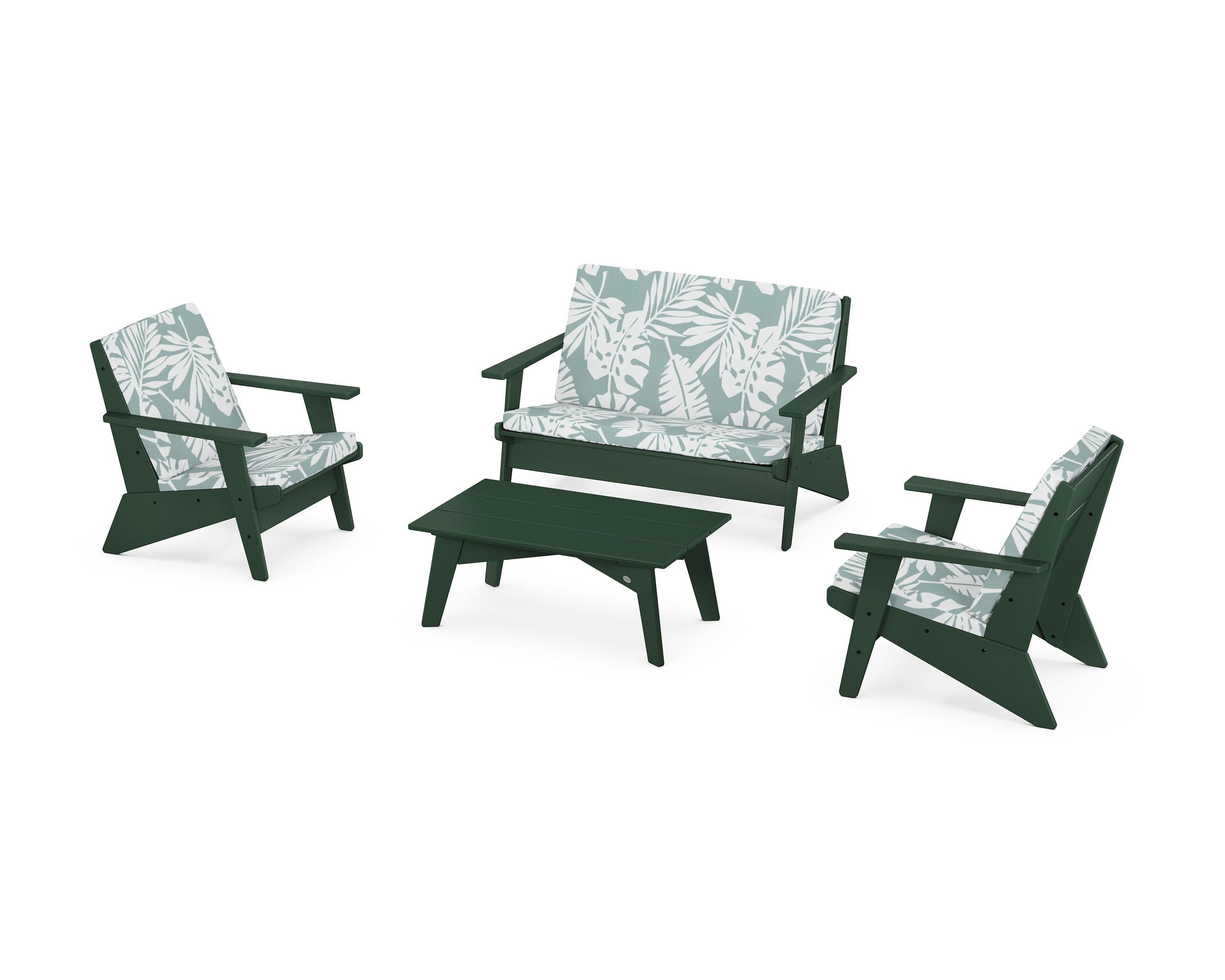 POLYWOOD Riviera Modern Lounge 4-Piece Set in Green / Leaf Glacier Spa