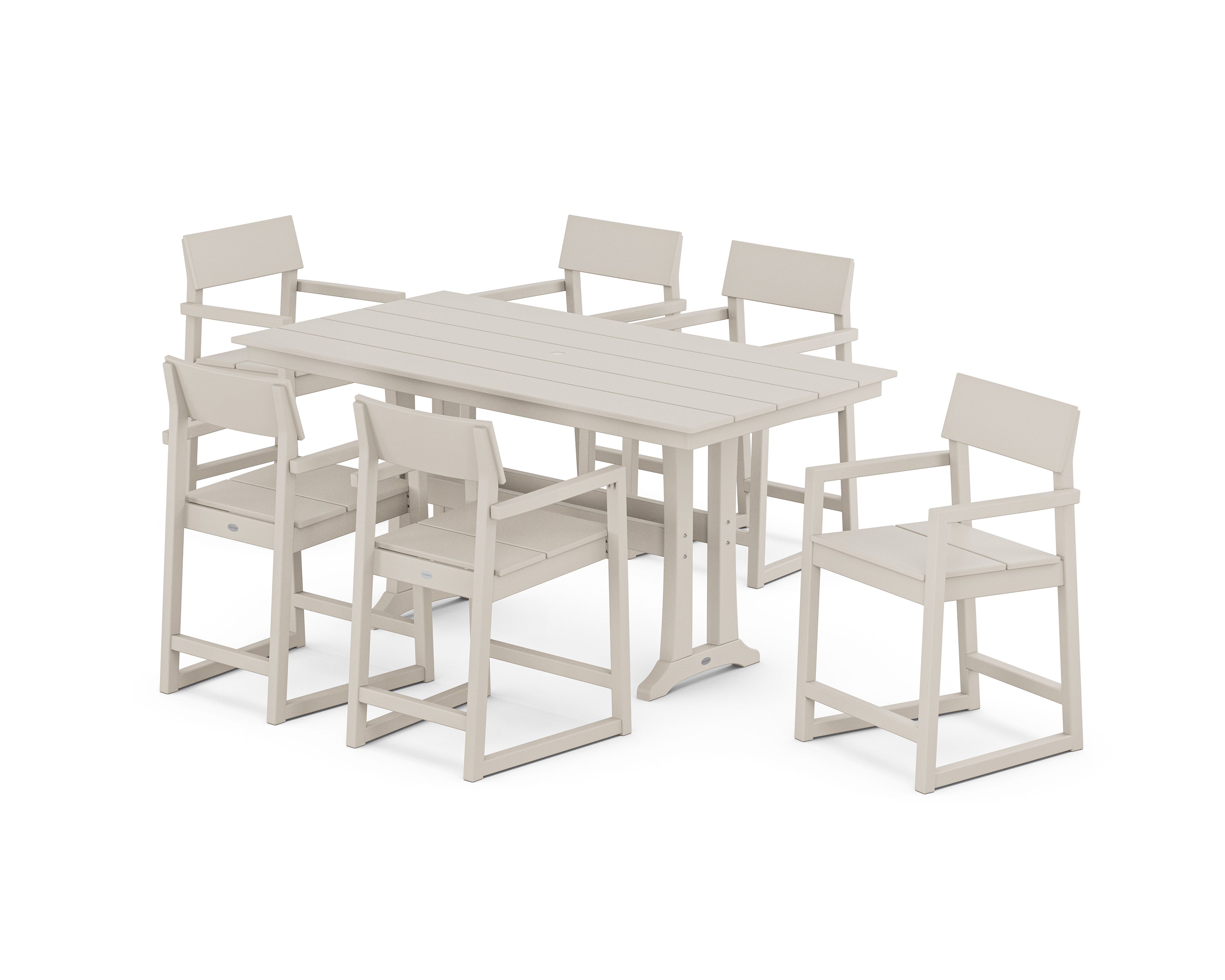 POLYWOOD® EDGE Arm Chair 7-Piece Farmhouse Counter Set with Trestle Legs in Sand