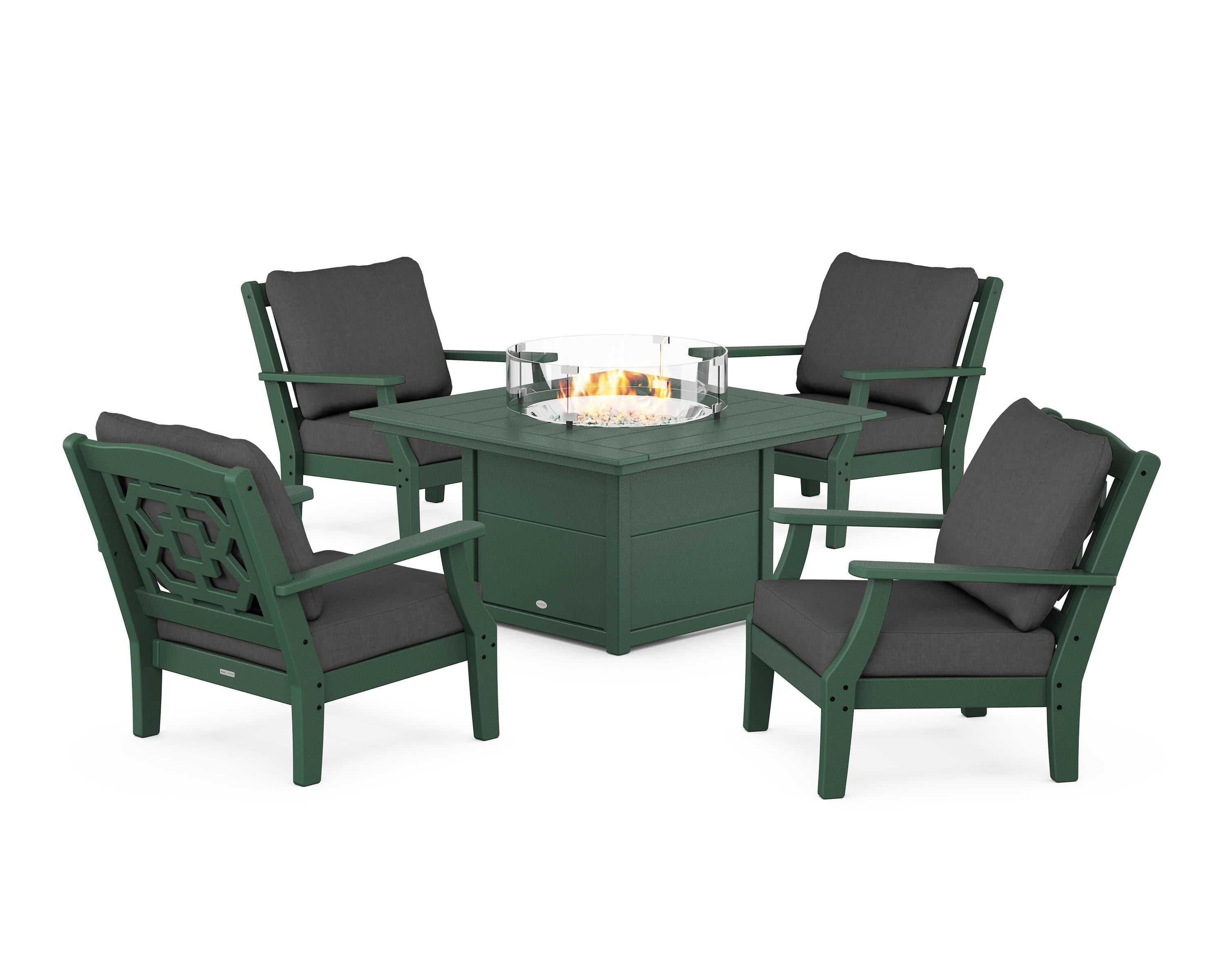Martha Stewart by POLYWOOD Chinoiserie 5-Piece Deep Seating Set with Fire Pit Table in Green / Spectrum Carbon