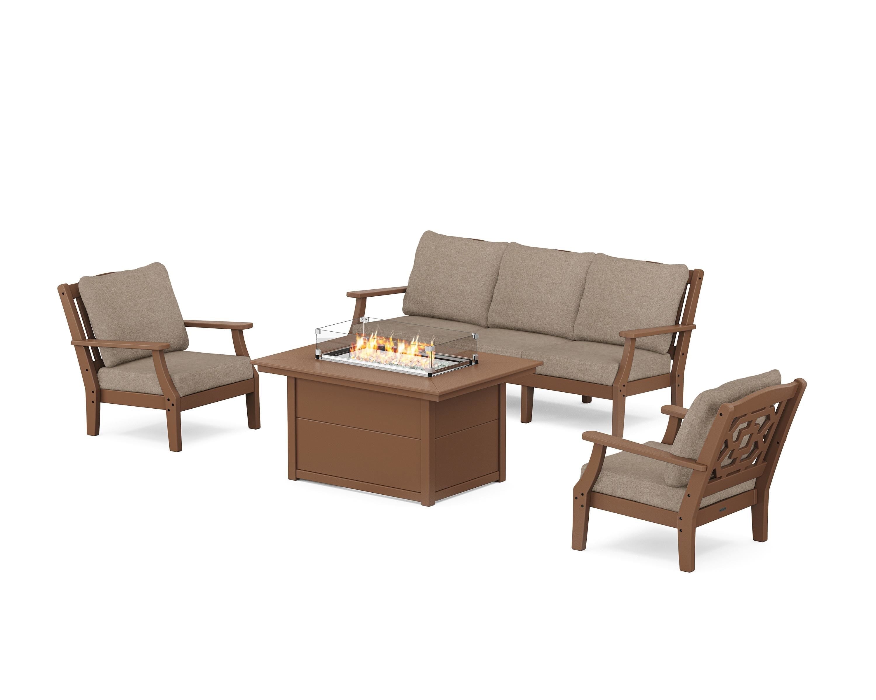 Martha Stewart by POLYWOOD Chinoiserie Deep Seating Fire Pit Table Set in Teak / Spiced Burlap