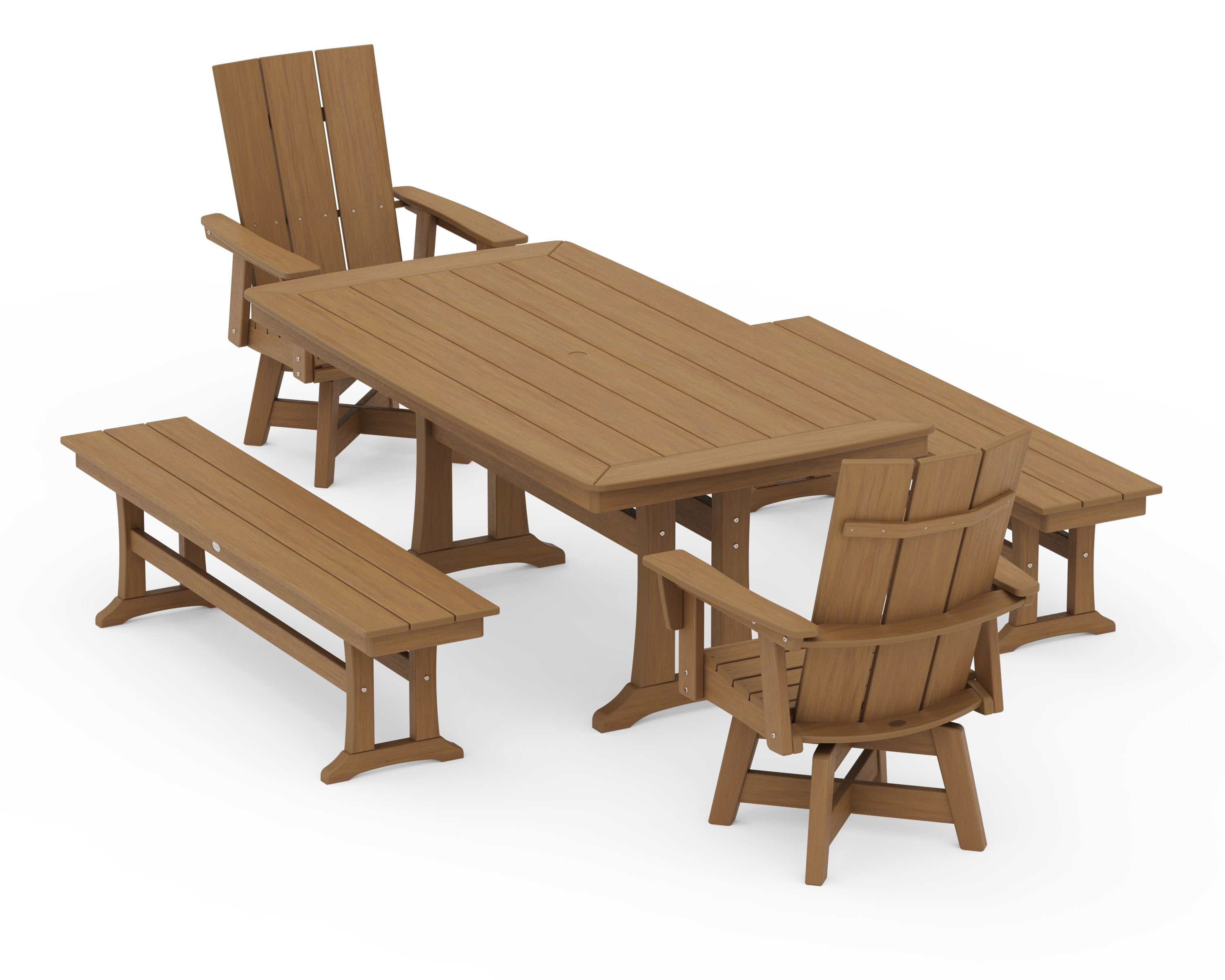 POLYWOOD Modern Curveback Adirondack Swivel Chair 5-Piece Dining Set with Trestle Legs and Benches in Natural