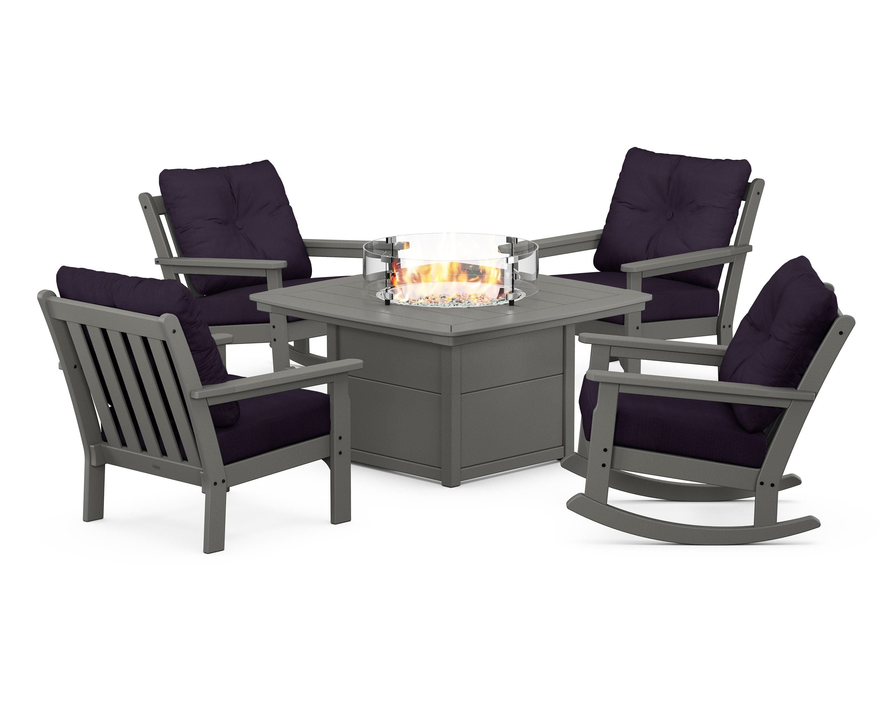 POLYWOOD Vineyard 5-Piece Deep Seating Rocking Chair Conversation Set with Fire Pit Table in Slate Grey / Navy Linen