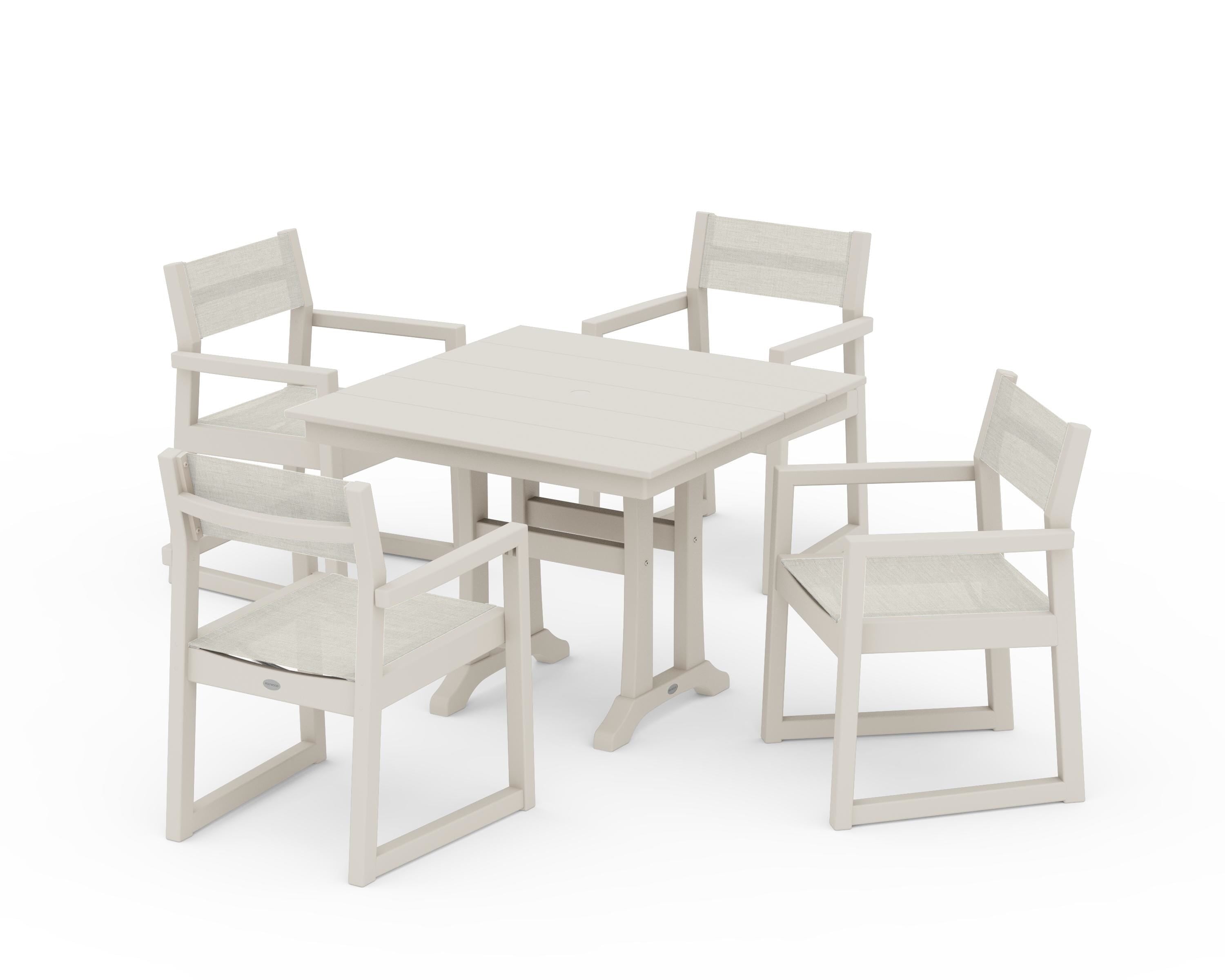 POLYWOOD EDGE Sling 5-Piece Farmhouse Dining Set with Trestle Legs in Sand / Parchment Sling