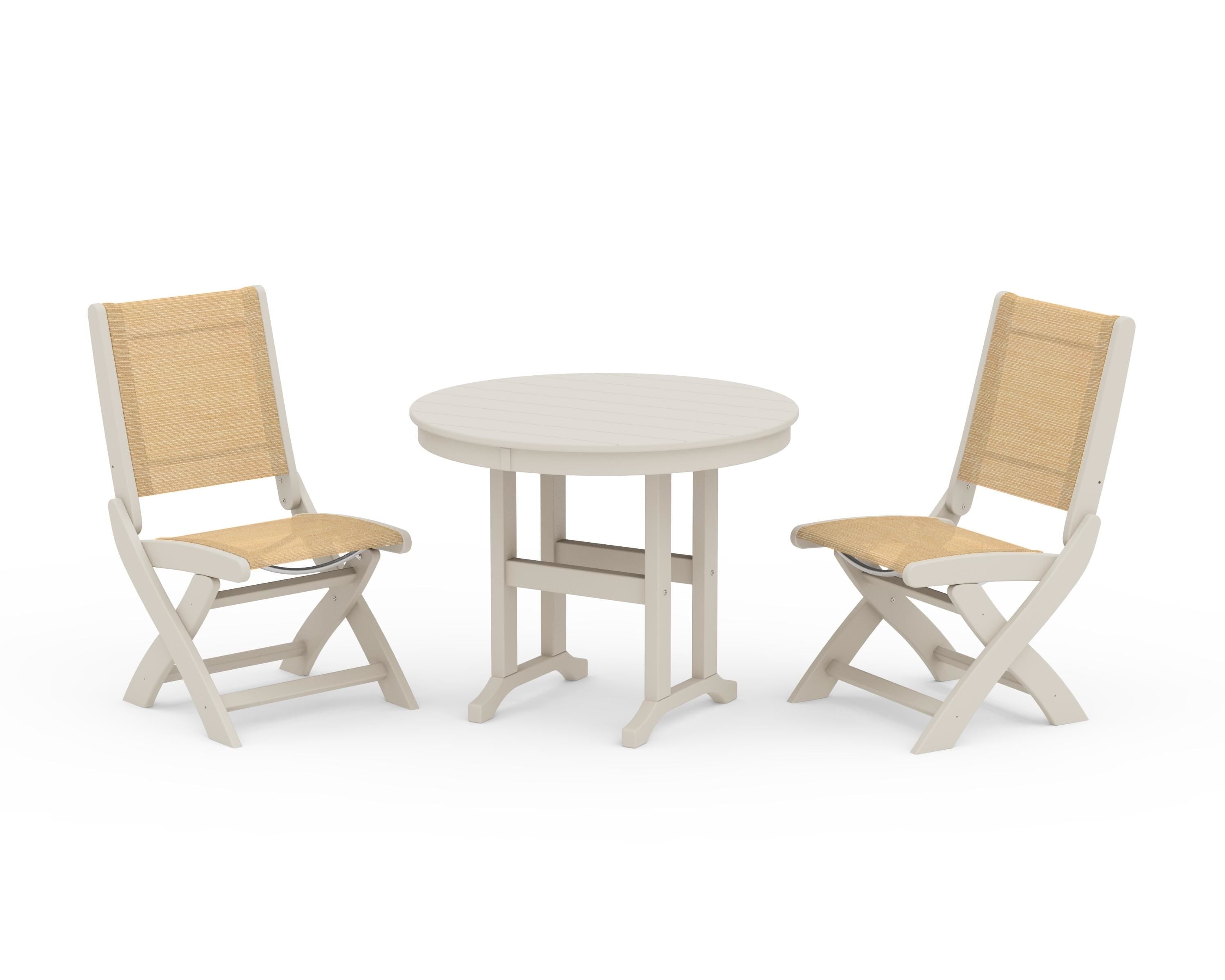 POLYWOOD Coastal Folding Side Chair 3-Piece Round Dining Set in Sand / Dupioni Apricot Sling