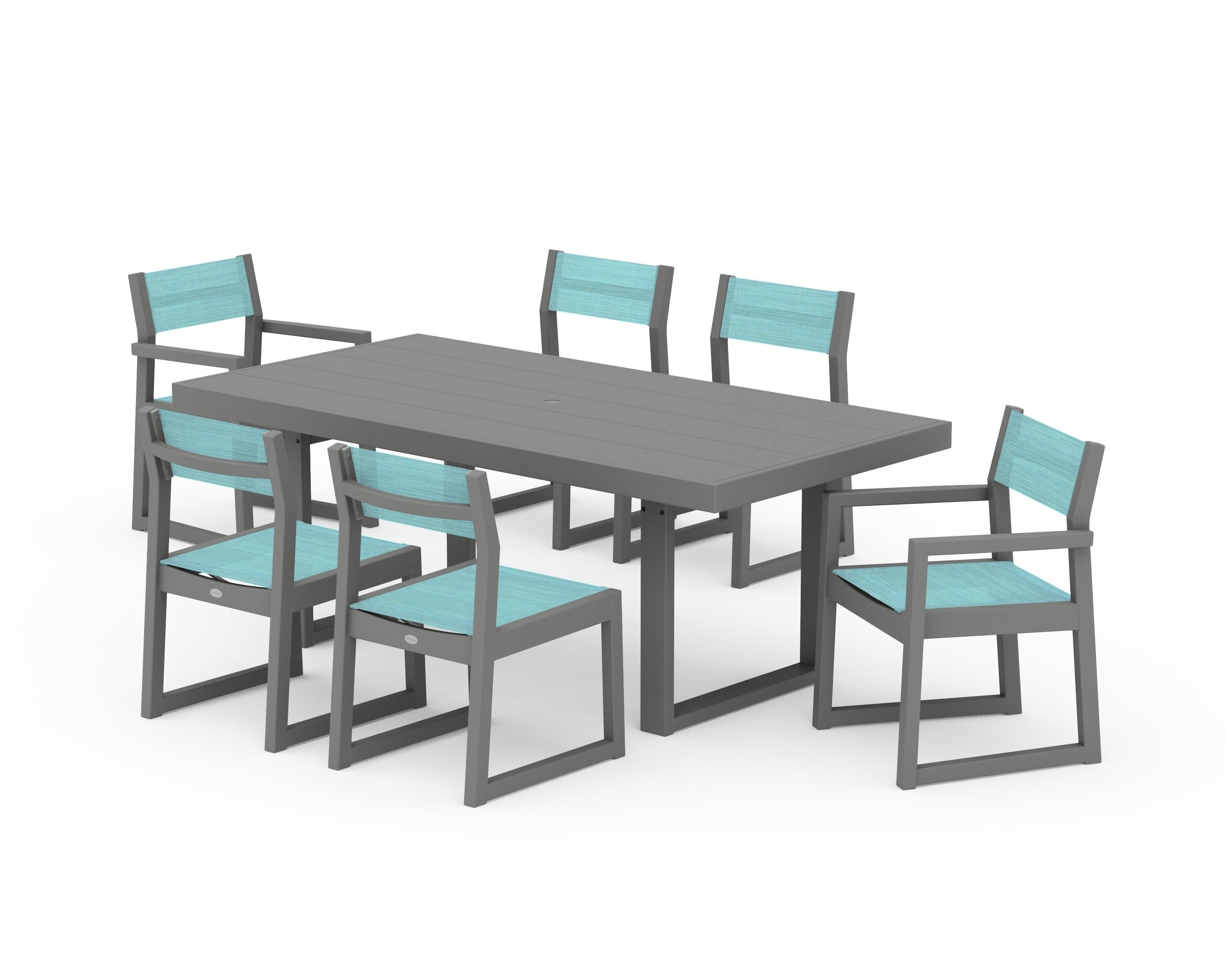 POLYWOOD EDGE Sling 7-Piece Dining Set in Slate Grey / Dupioni Aquamarine Sling