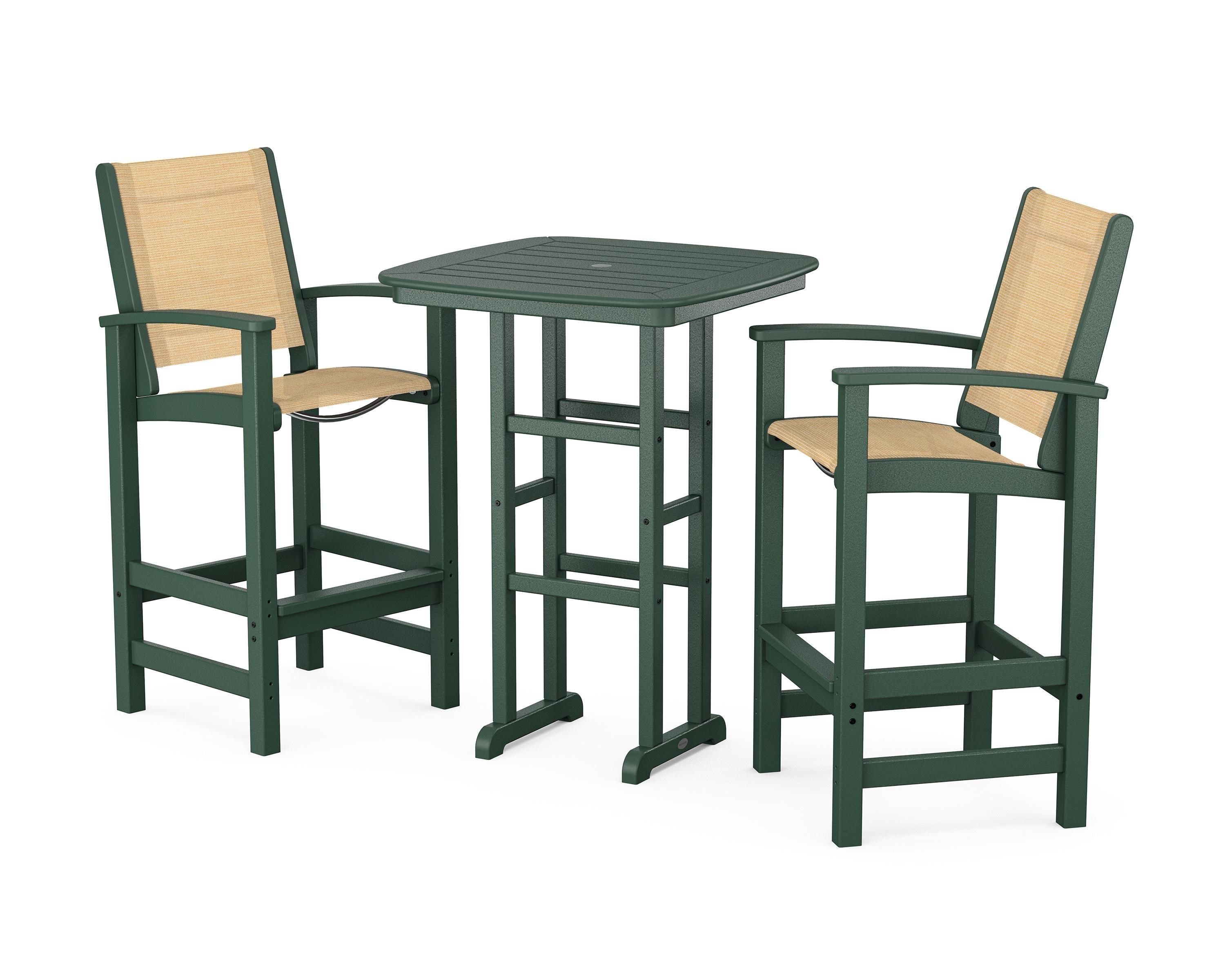 POLYWOOD Coastal 3-Piece Bar Set in Green / Dupioni Apricot Sling