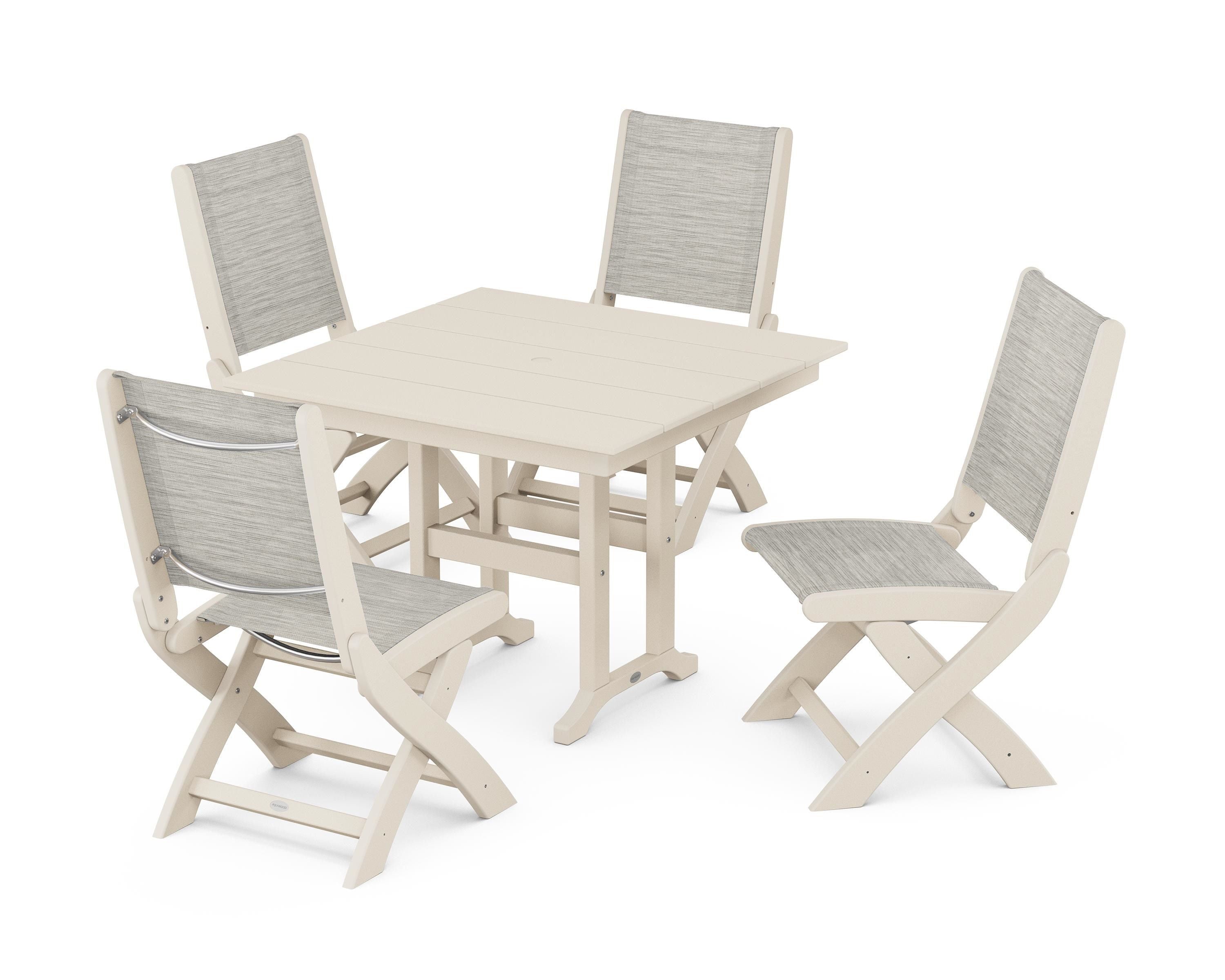 POLYWOOD Coastal Folding Side Chair 5-Piece Farmhouse Dining Set in Sand / Birch Sling