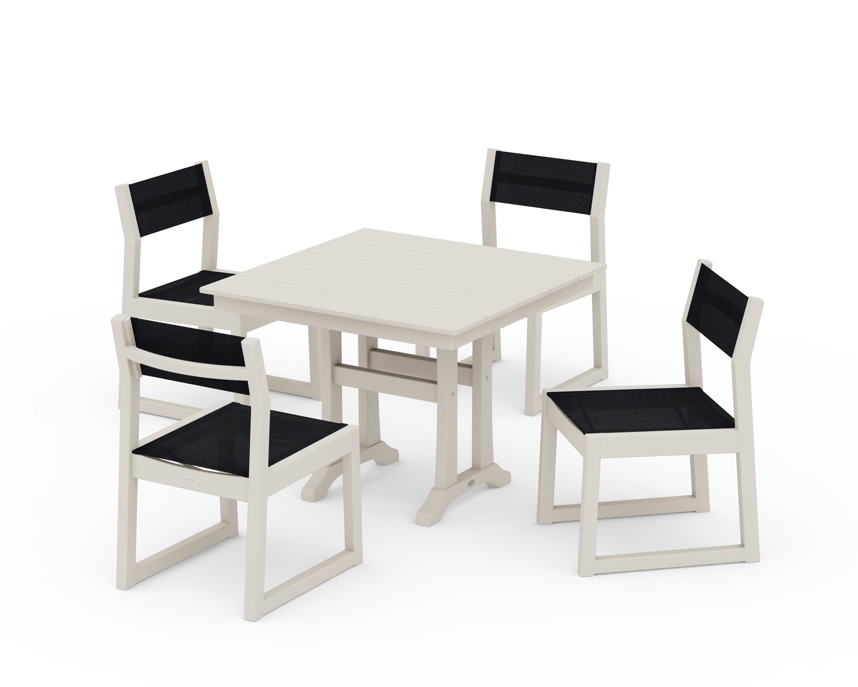 POLYWOOD EDGE Sling 5-Piece Farmhouse Trestle Side Chair Dining Set in Sand / Black Sling