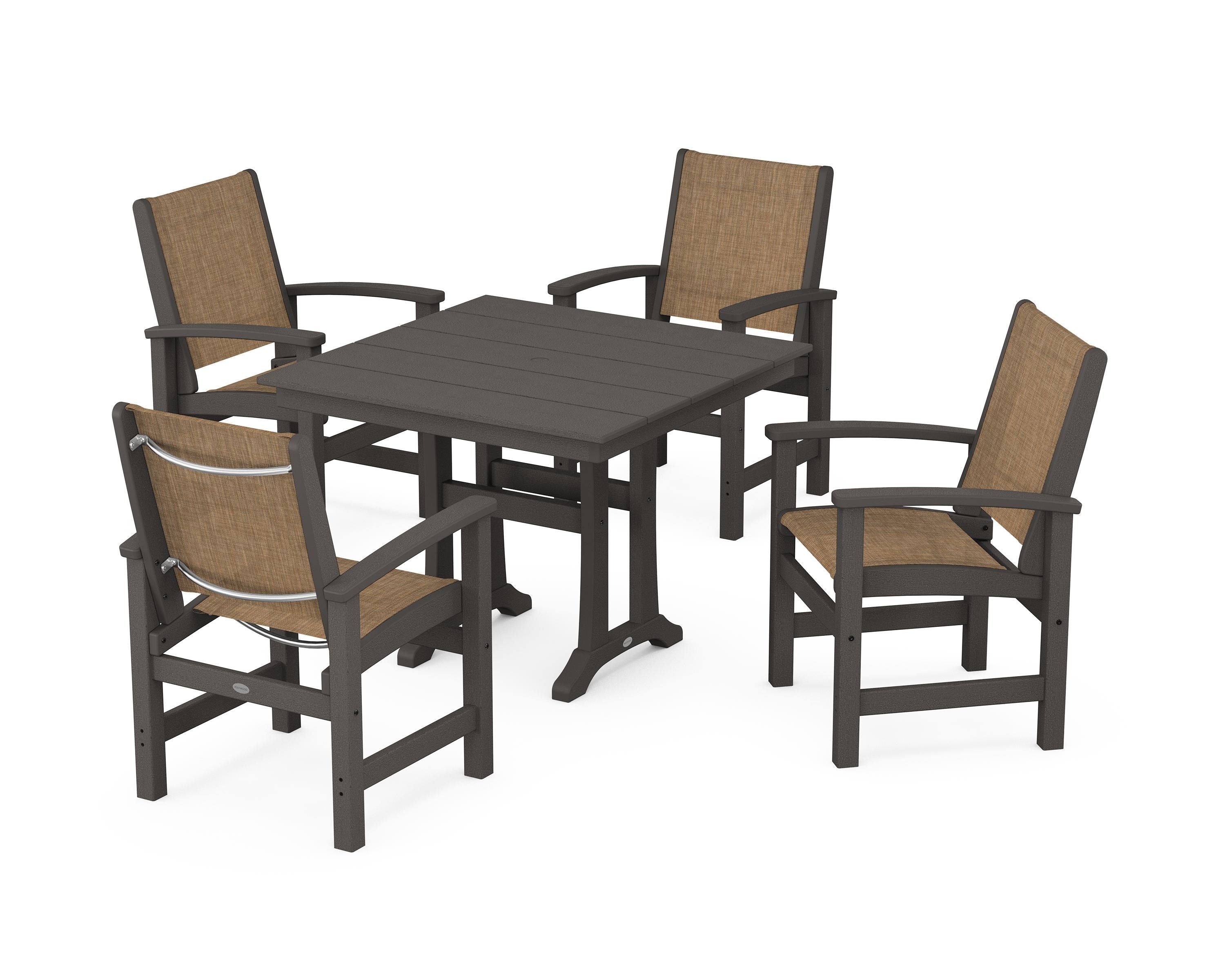 POLYWOOD Coastal 5-Piece Farmhouse Dining Set With Trestle Legs in Vintage Coffee / Burlap Sling