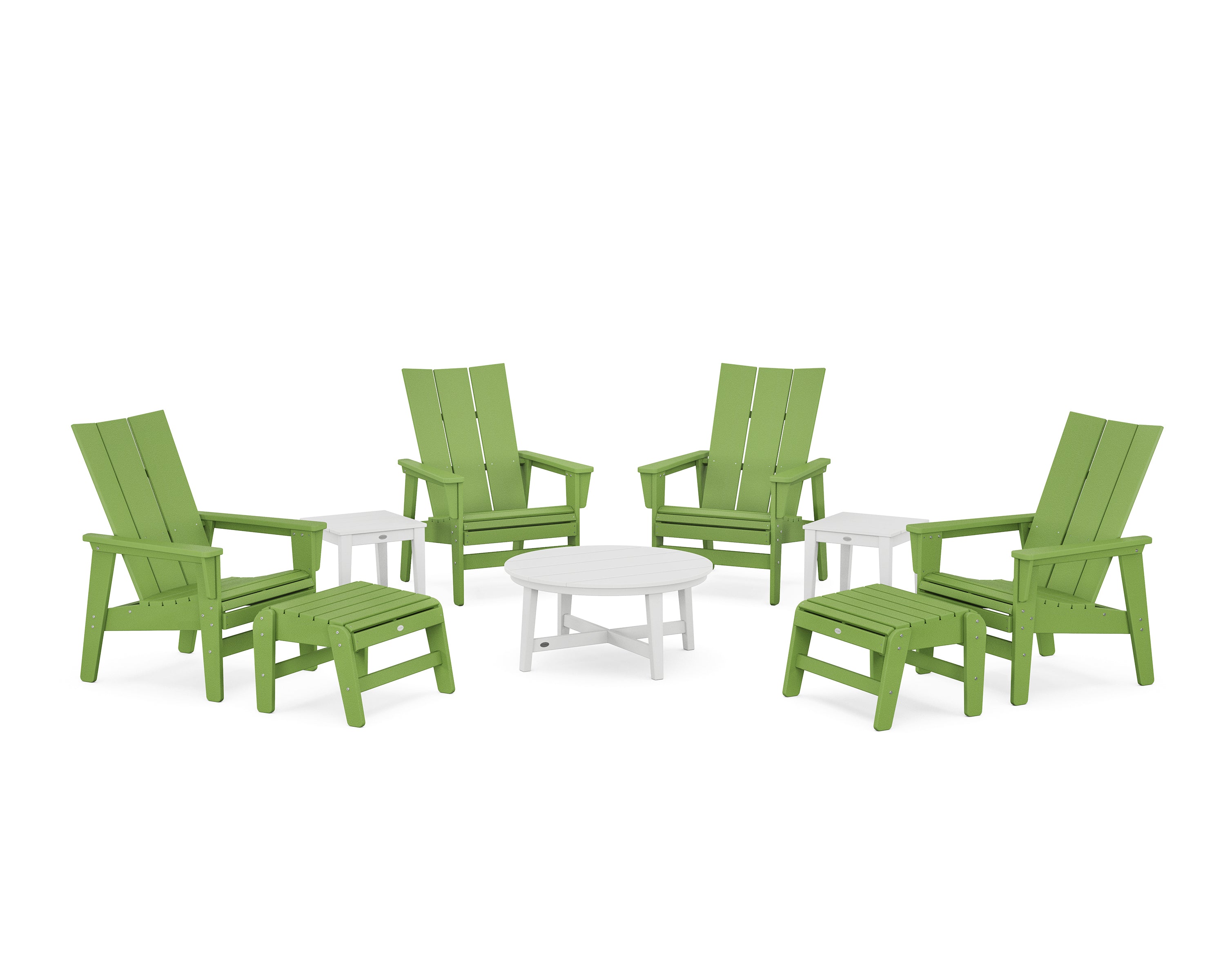 POLYWOOD® Modern Grand Upright Adirondack 9-Piece Conversation Set in Lime / White