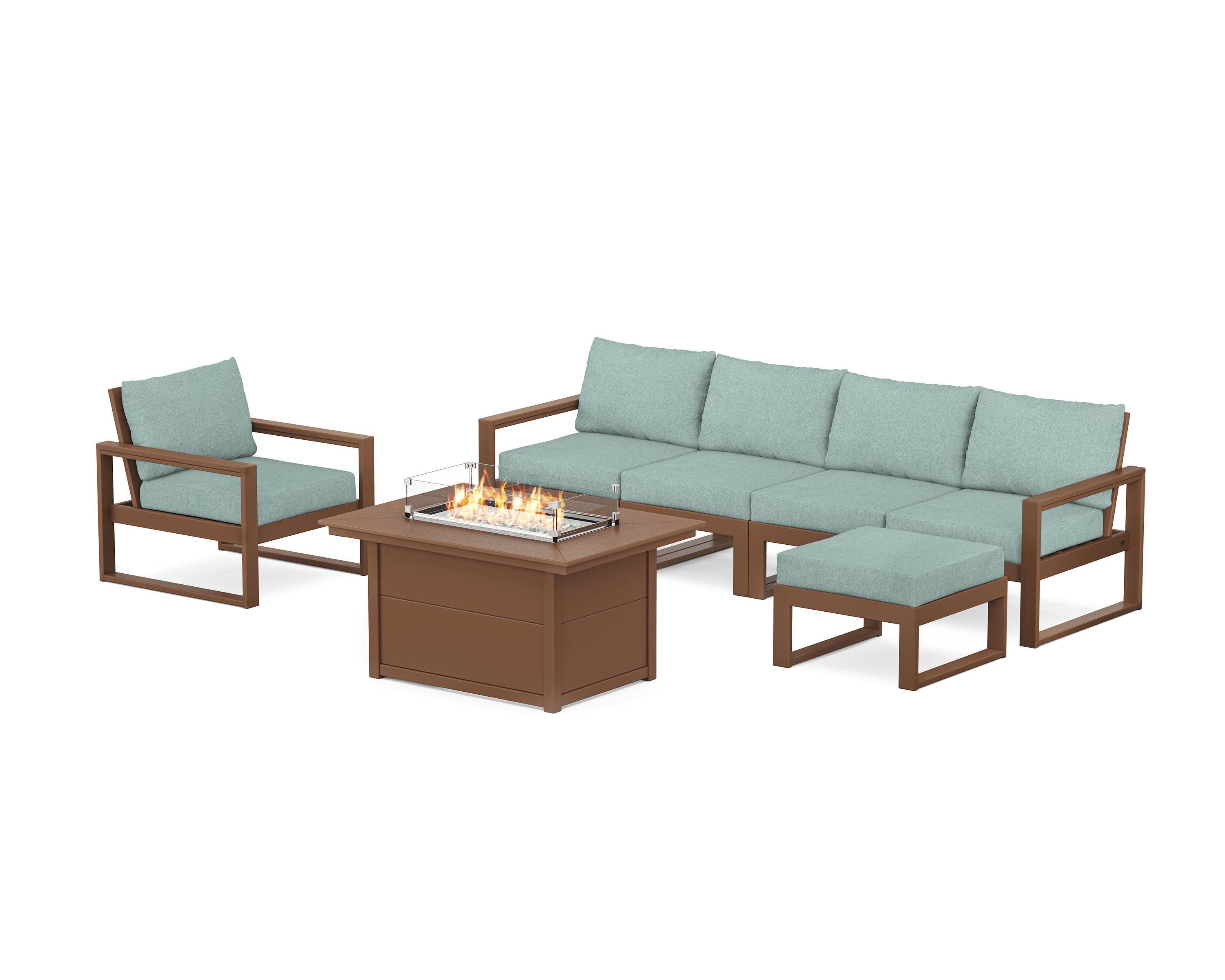POLYWOOD EDGE Sectional Lounge and Fire Pit Set in Teak / Glacier Spa