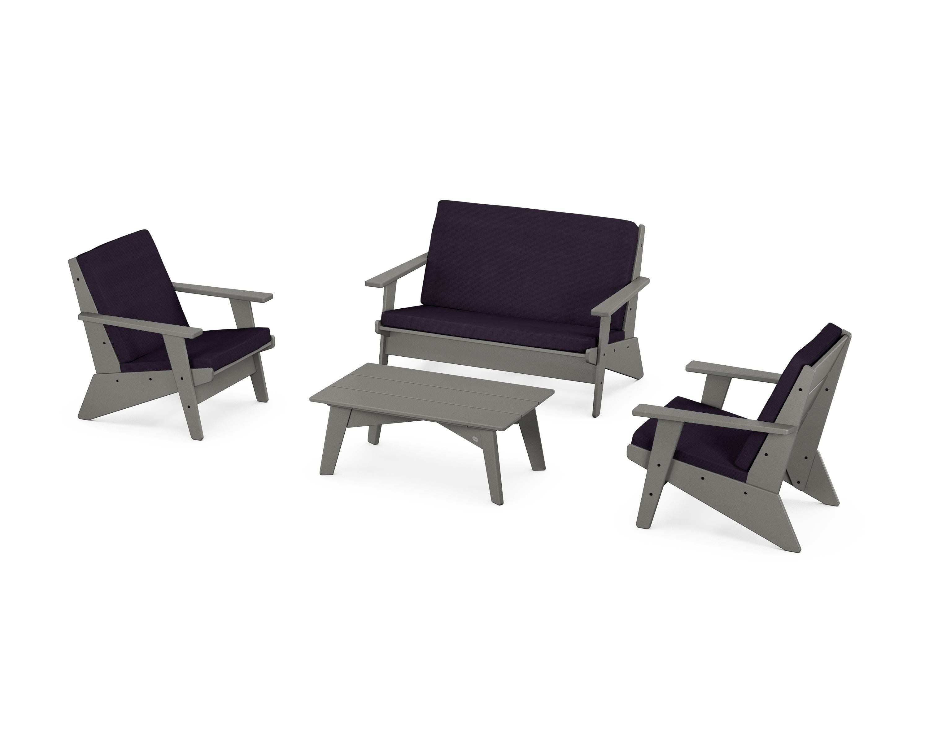 POLYWOOD Riviera Modern Lounge 4-Piece Set in Slate Grey / Navy Linen