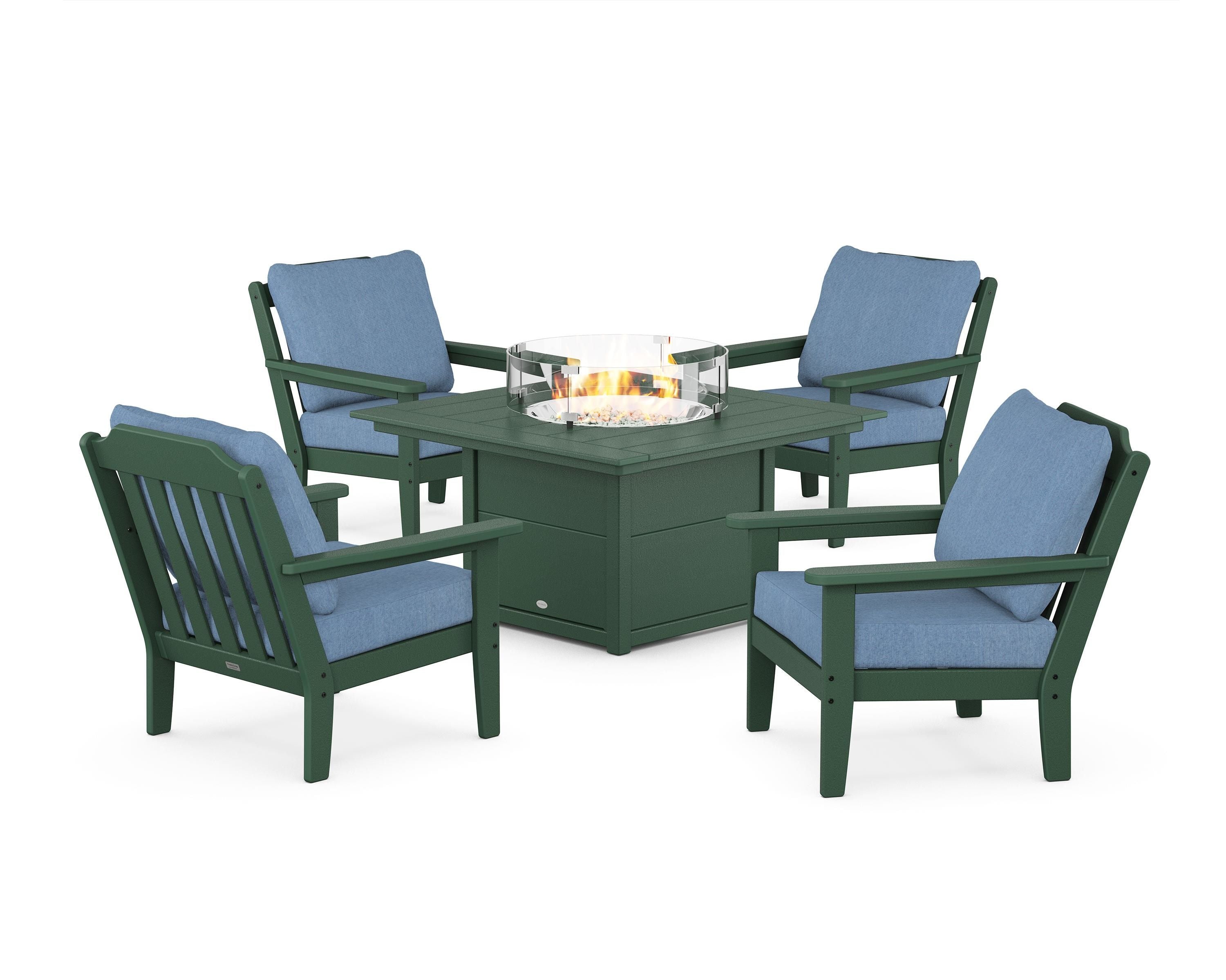 Country Living Cottage 5-Piece Deep Seating Set with Fire Pit Table in Green / Sky Blue