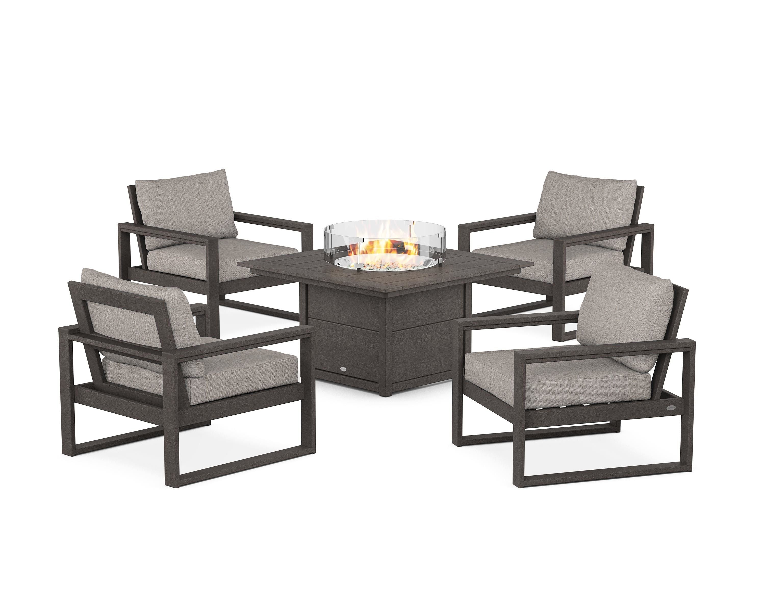 POLYWOOD EDGE Sectional 5-Piece Deep Seating Set with Fire Pit Table in Vintage Coffee / Weathered Tweed
