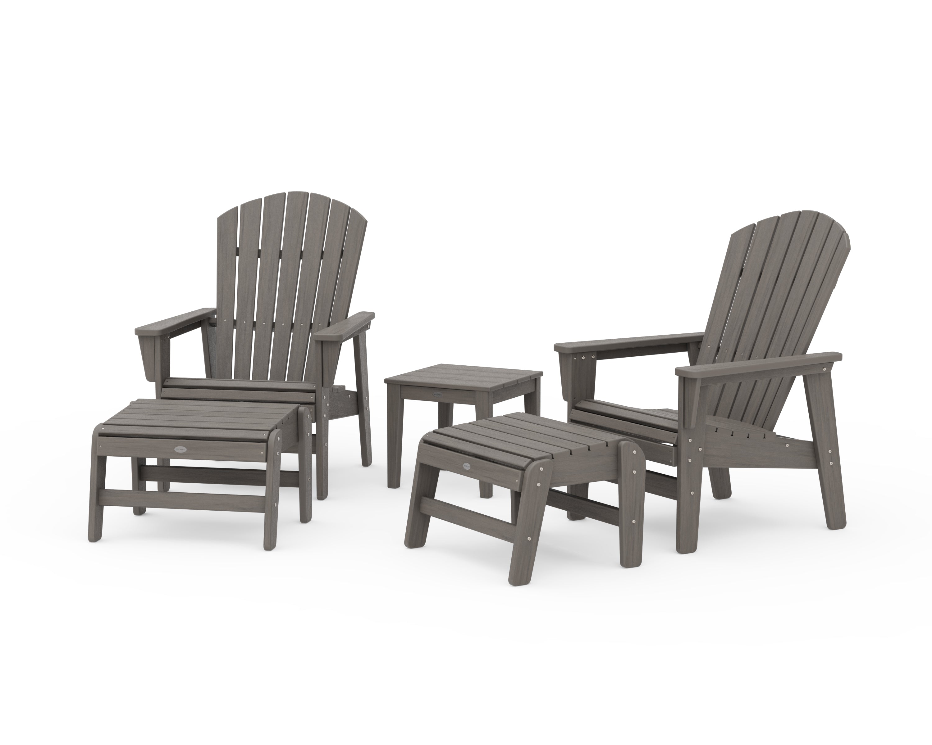 POLYWOOD 5-Piece Nautical Grand Upright Adirondack Set with Ottomans and Side Table in Driftwood
