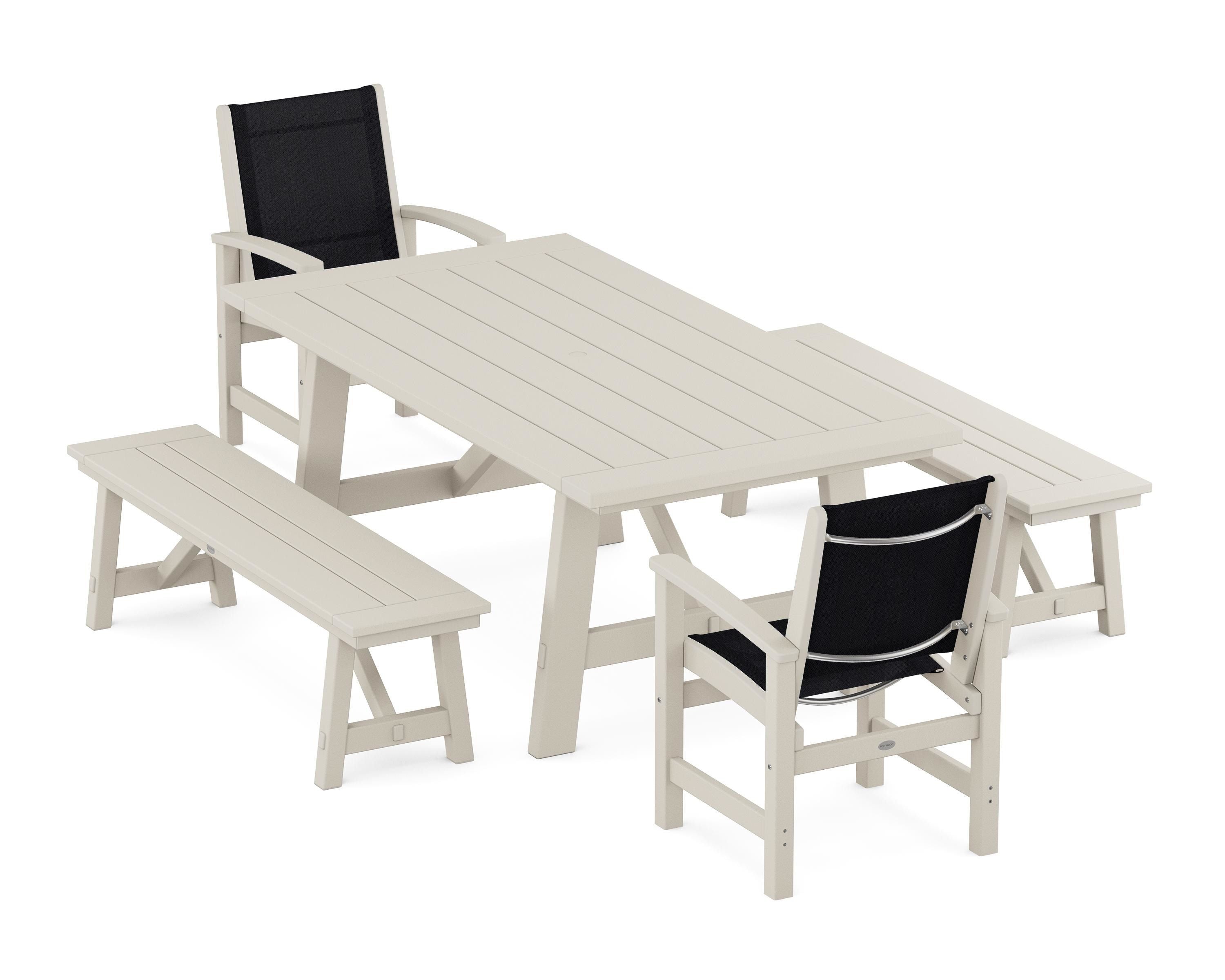 POLYWOOD Coastal 5-Piece Rustic Farmhouse Dining Set With Benches in Sand / Black Sling