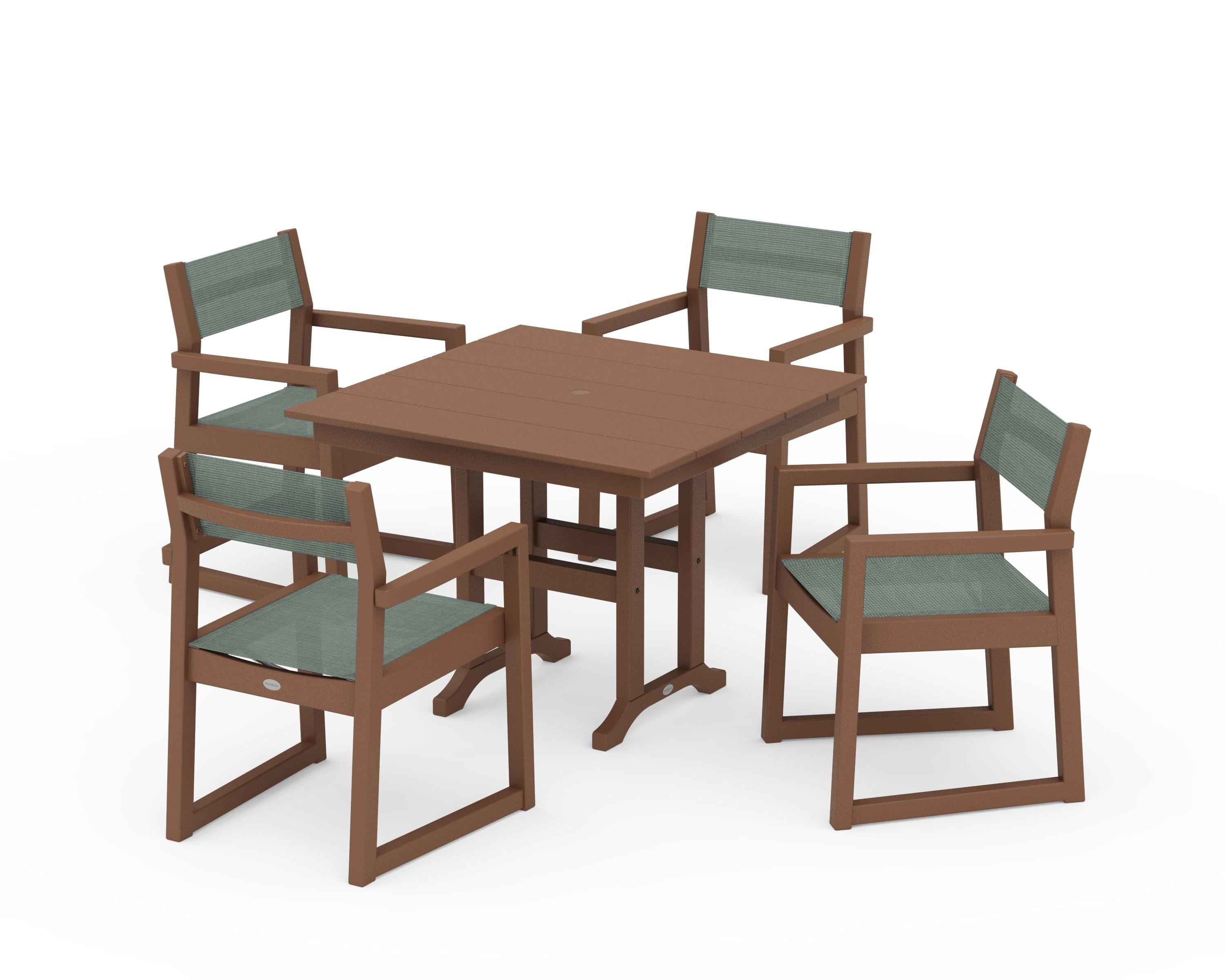 POLYWOOD EDGE Sling Arm Chair 5-Piece Farmhouse Dining Set in Teak / Dupioni Sea Mist Sling