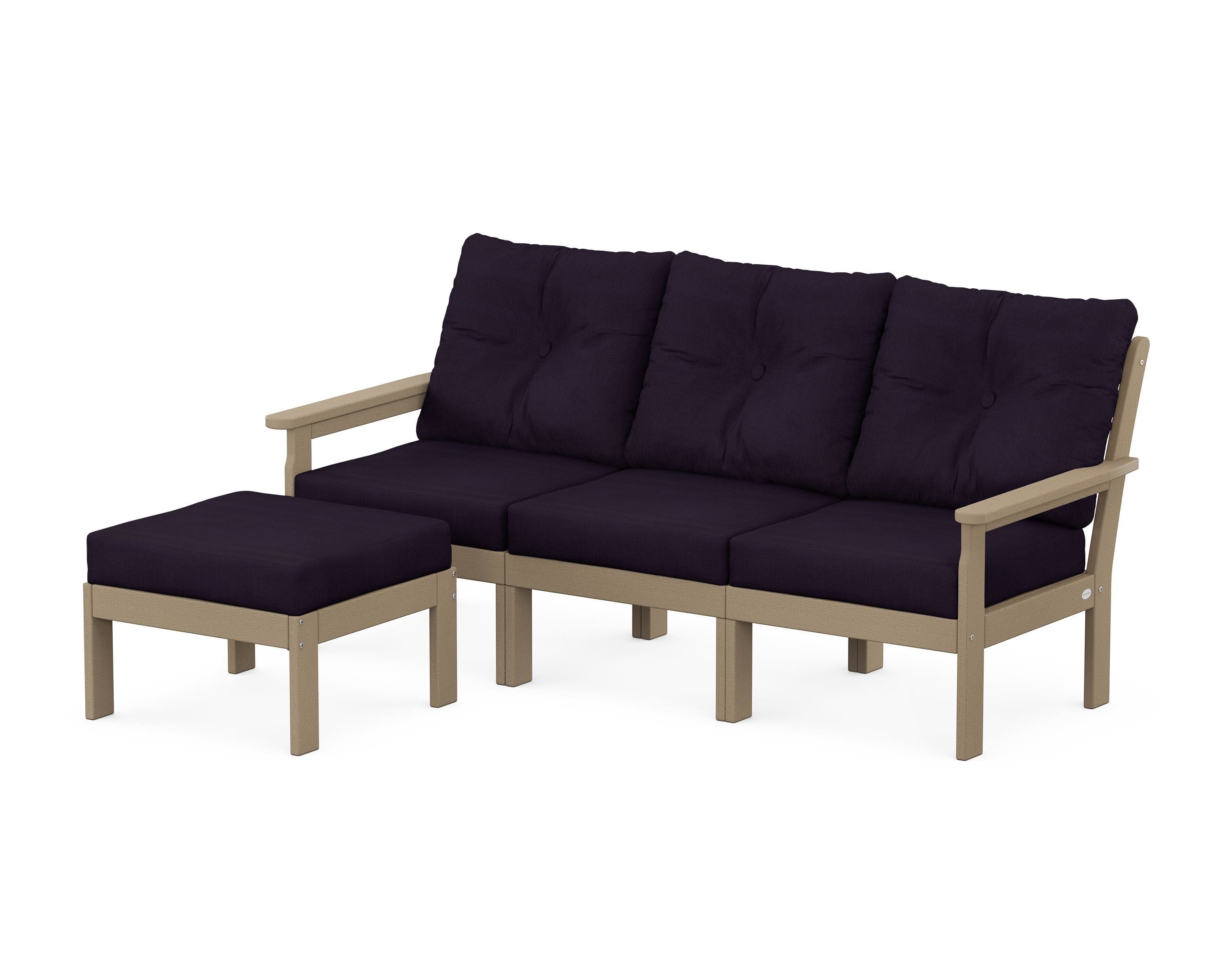 POLYWOOD Vineyard 4-Piece Sectional with Ottoman in Vintage Sahara / Navy Linen