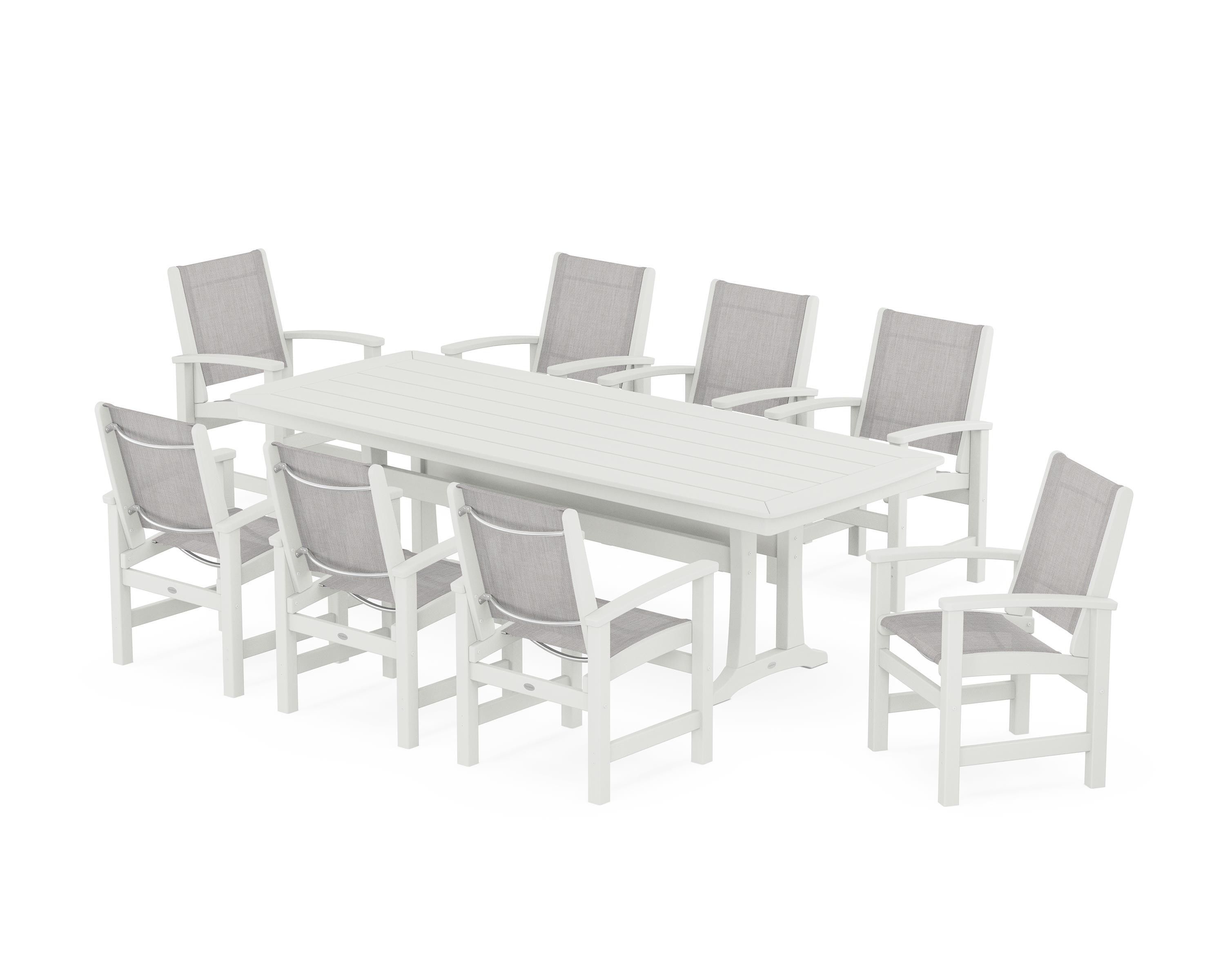 POLYWOOD Coastal 9-Piece Dining Set with Trestle Legs in Vintage White / Parchment Sling