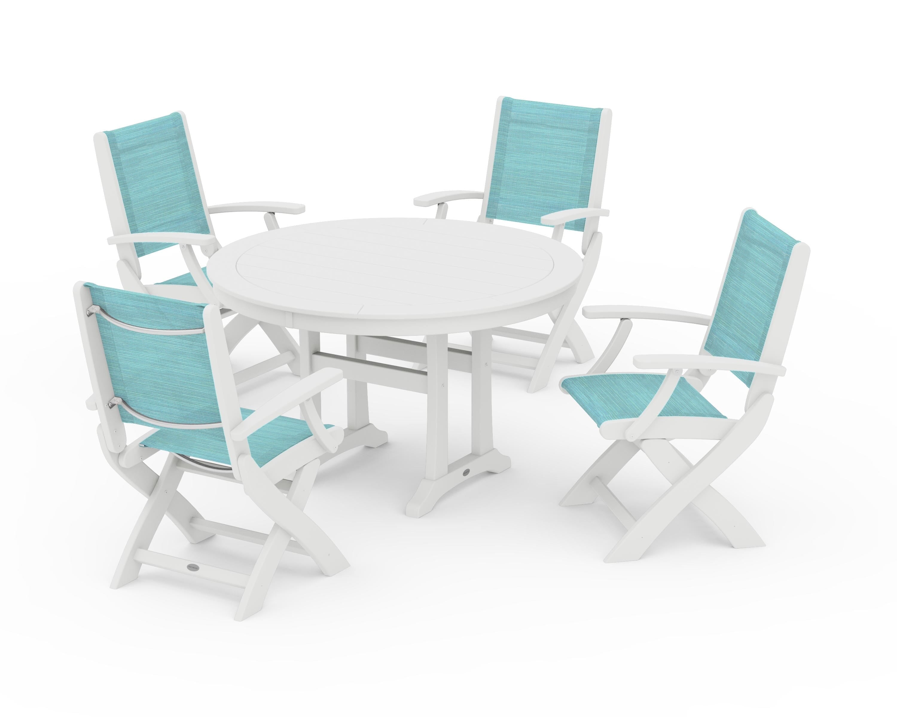 POLYWOOD Coastal Folding Chair 5-Piece Round Dining Set with Trestle Legs in White / Dupioni Aquamarine Sling