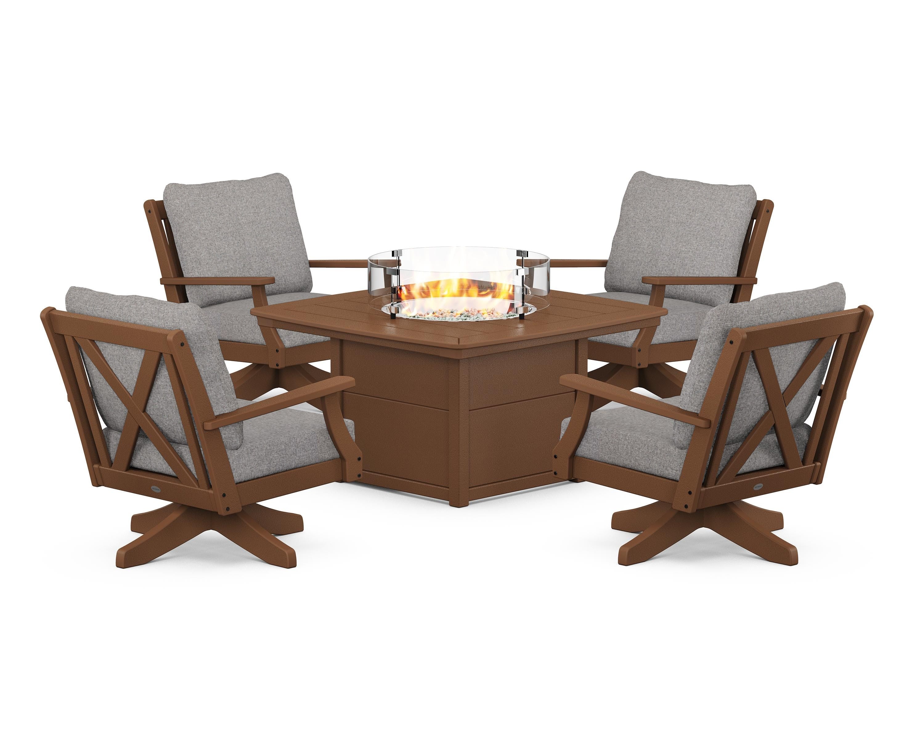 POLYWOOD Braxton 5-Piece Deep Seating Swivel Conversation Set with Fire Pit Table in Teak / Grey Mist