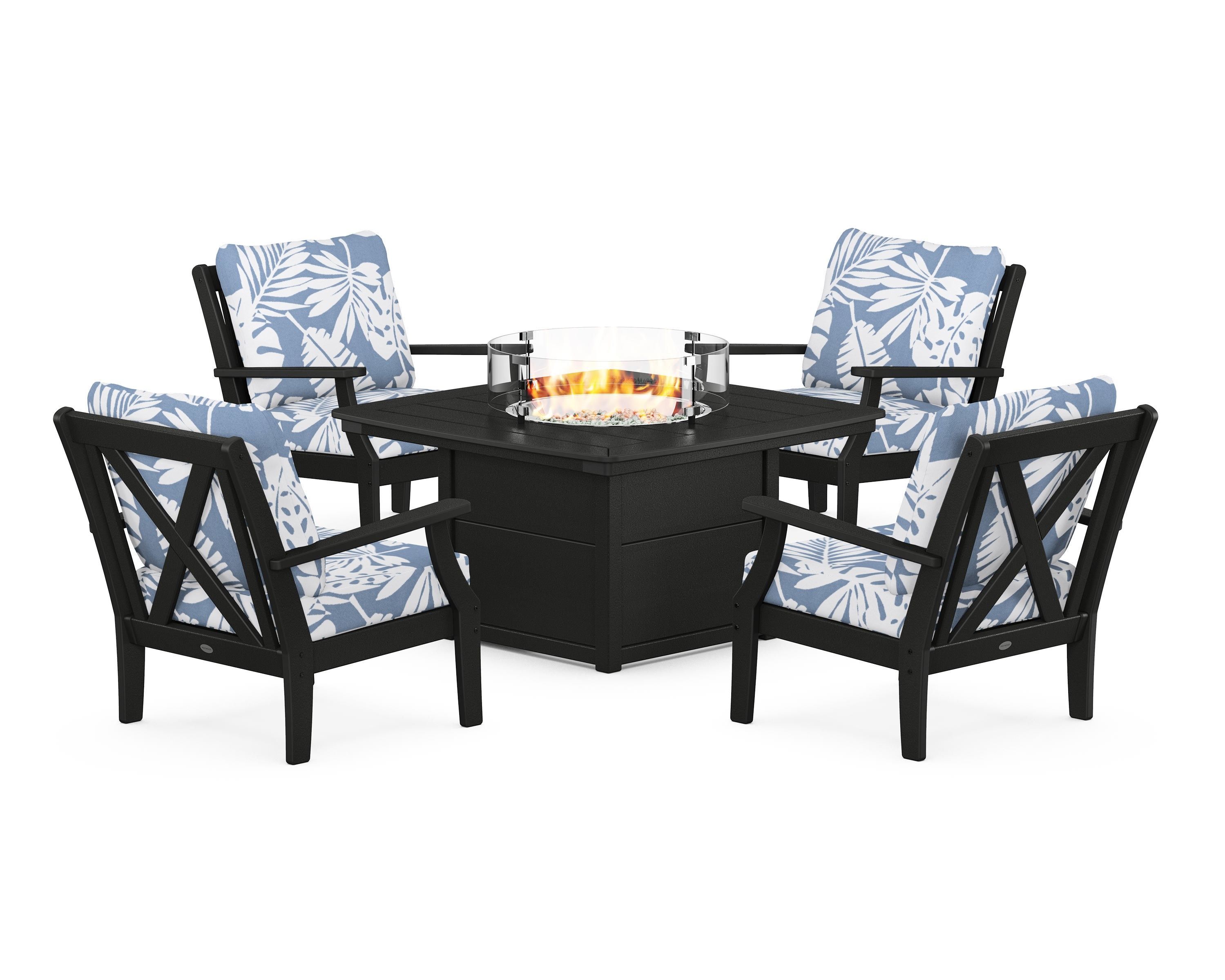 POLYWOOD Braxton 5-Piece Deep Seating Conversation Set with Fire Pit Table in Black / Leaf Sky Blue