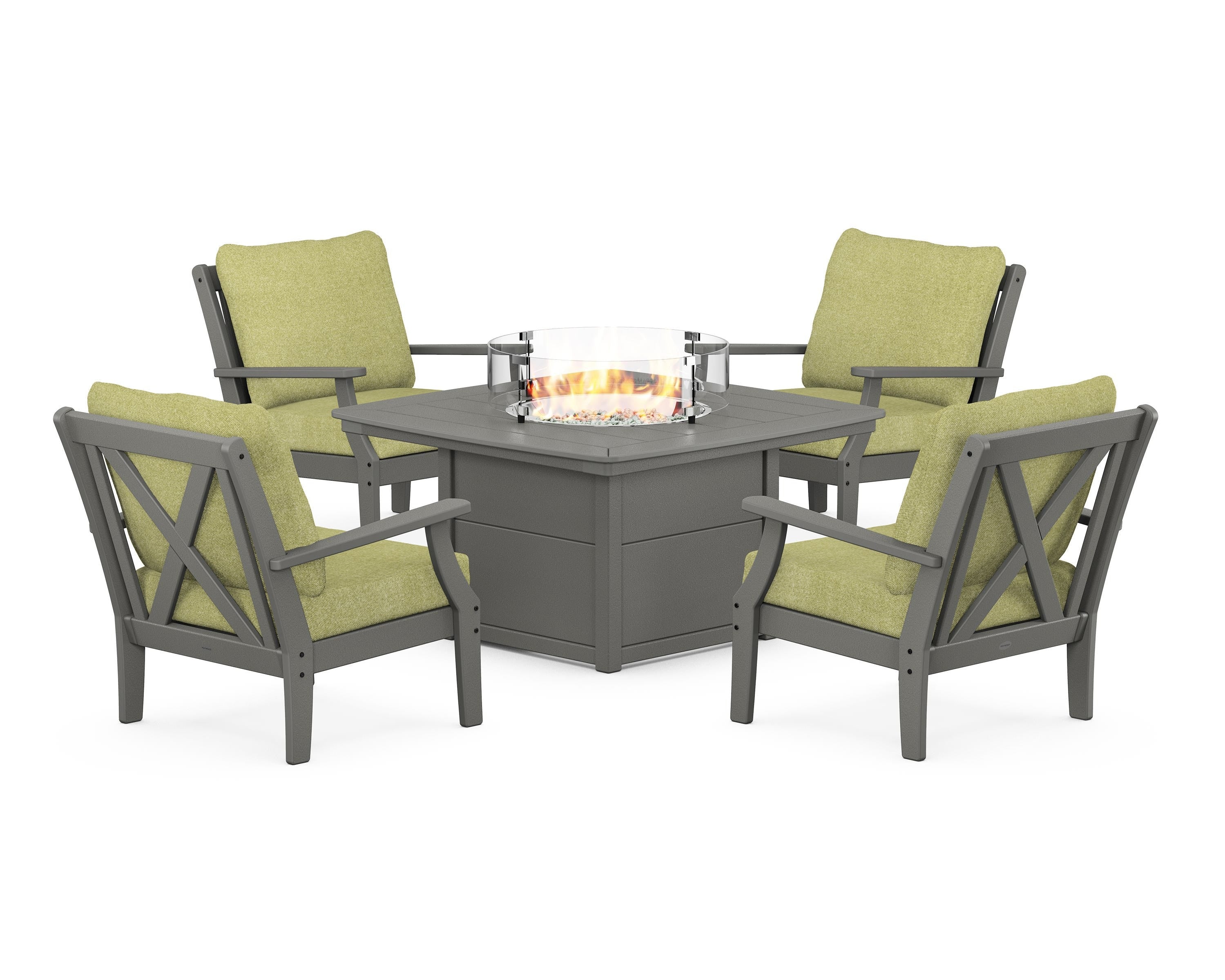 POLYWOOD Braxton 5-Piece Deep Seating Conversation Set with Fire Pit Table in Slate Grey / Chartreuse Boucle