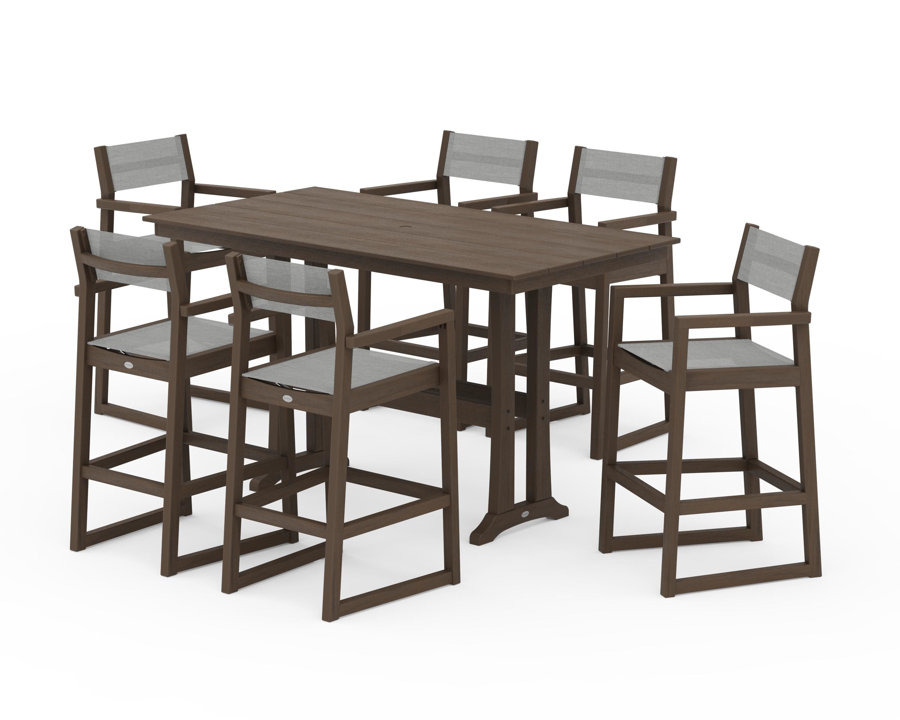 POLYWOOD EDGE Sling Arm Chair 7-Piece Farmhouse Bar Set with Trestle Legs in Kona / Metallic Sling
