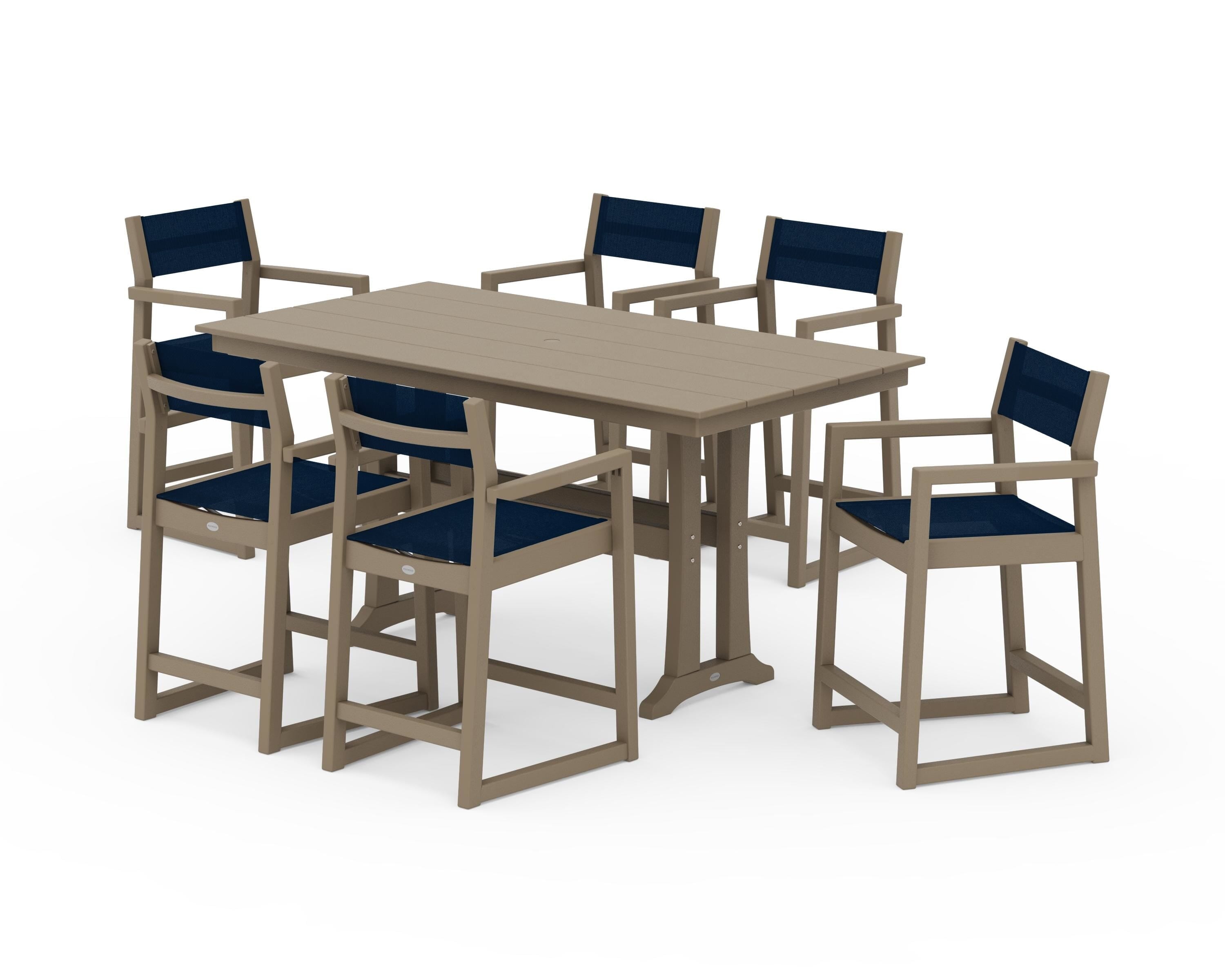 POLYWOOD EDGE Sling Arm Chair 7-Piece Farmhouse Counter Set with Trestle Legs in Vintage Sahara / Navy Blue Sling