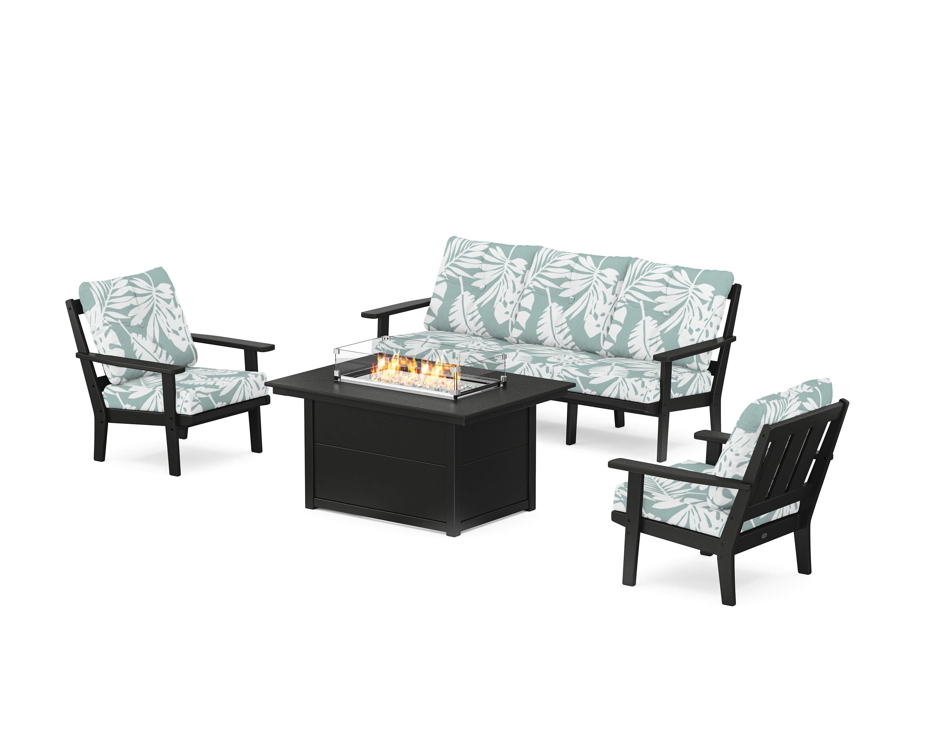 POLYWOOD Oxford Deep Seating Fire Pit Table Set in Black / Leaf Glacier Spa