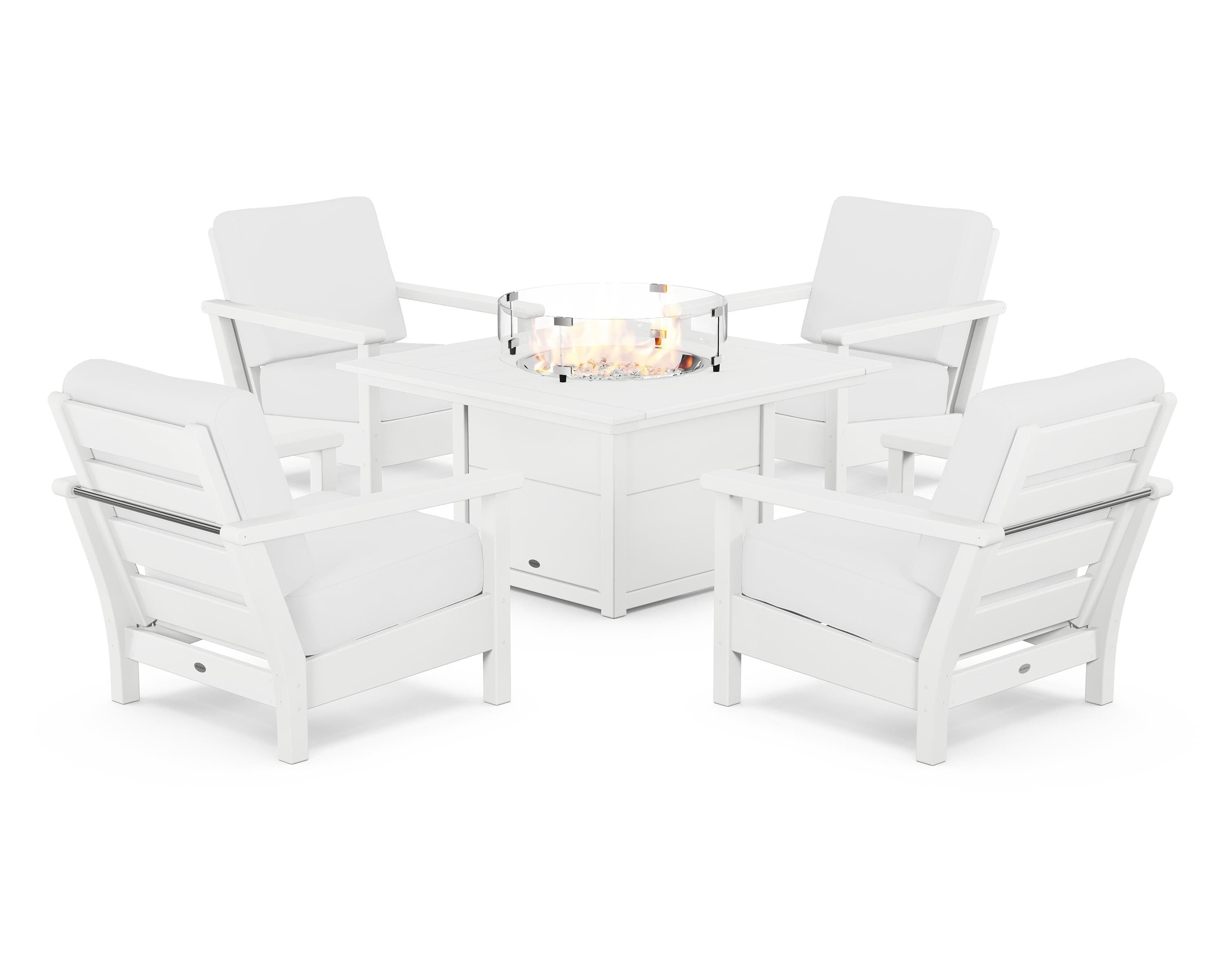 POLYWOOD Harbour 5-Piece Conversation Set with Fire Pit Table in White / Natural