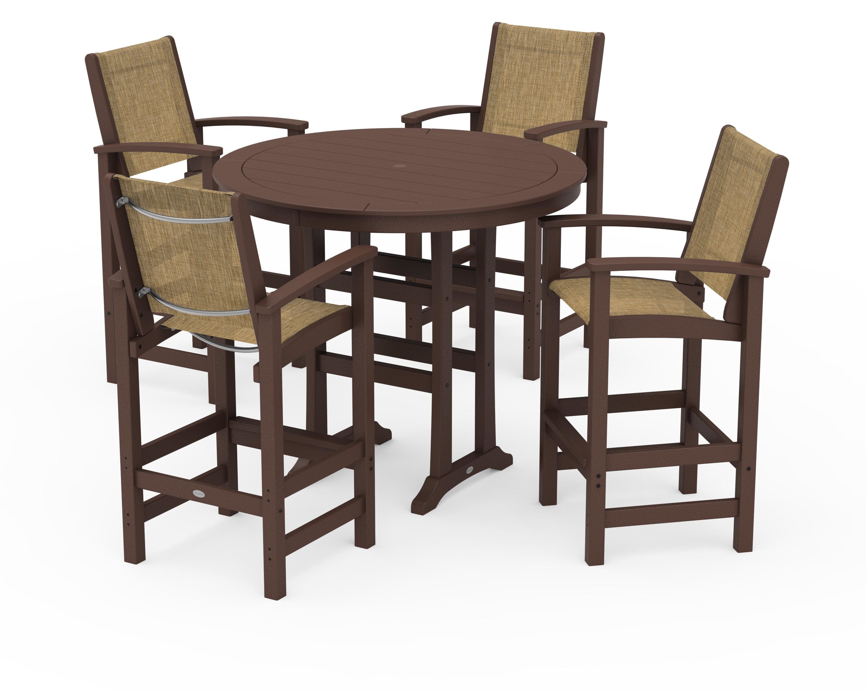 POLYWOOD Coastal 5-Piece Nautical Trestle Bar Set in Mahogany / Burlap Sling