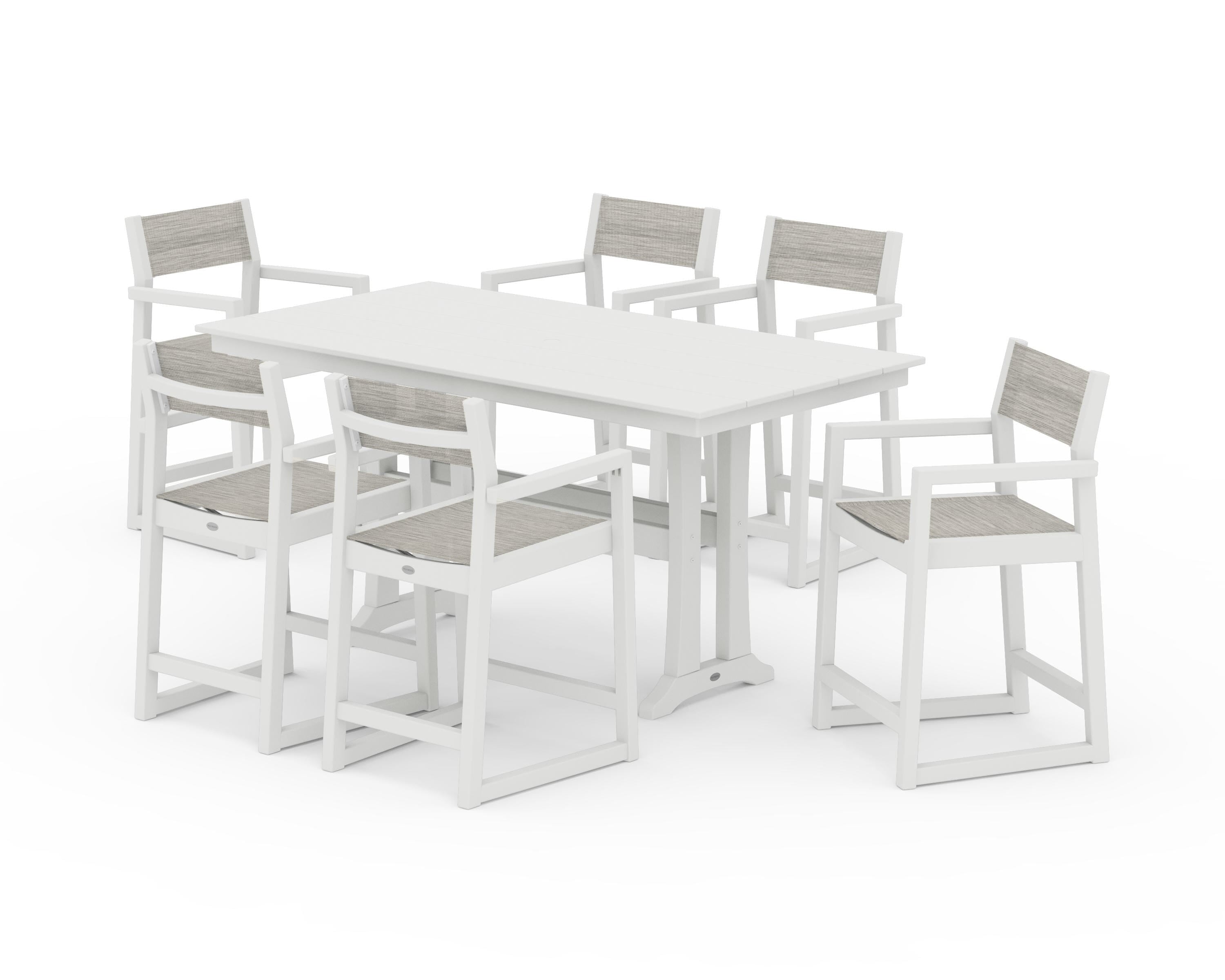 POLYWOOD EDGE Sling Arm Chair 7-Piece Farmhouse Counter Set with Trestle Legs in Vintage White / Birch Sling