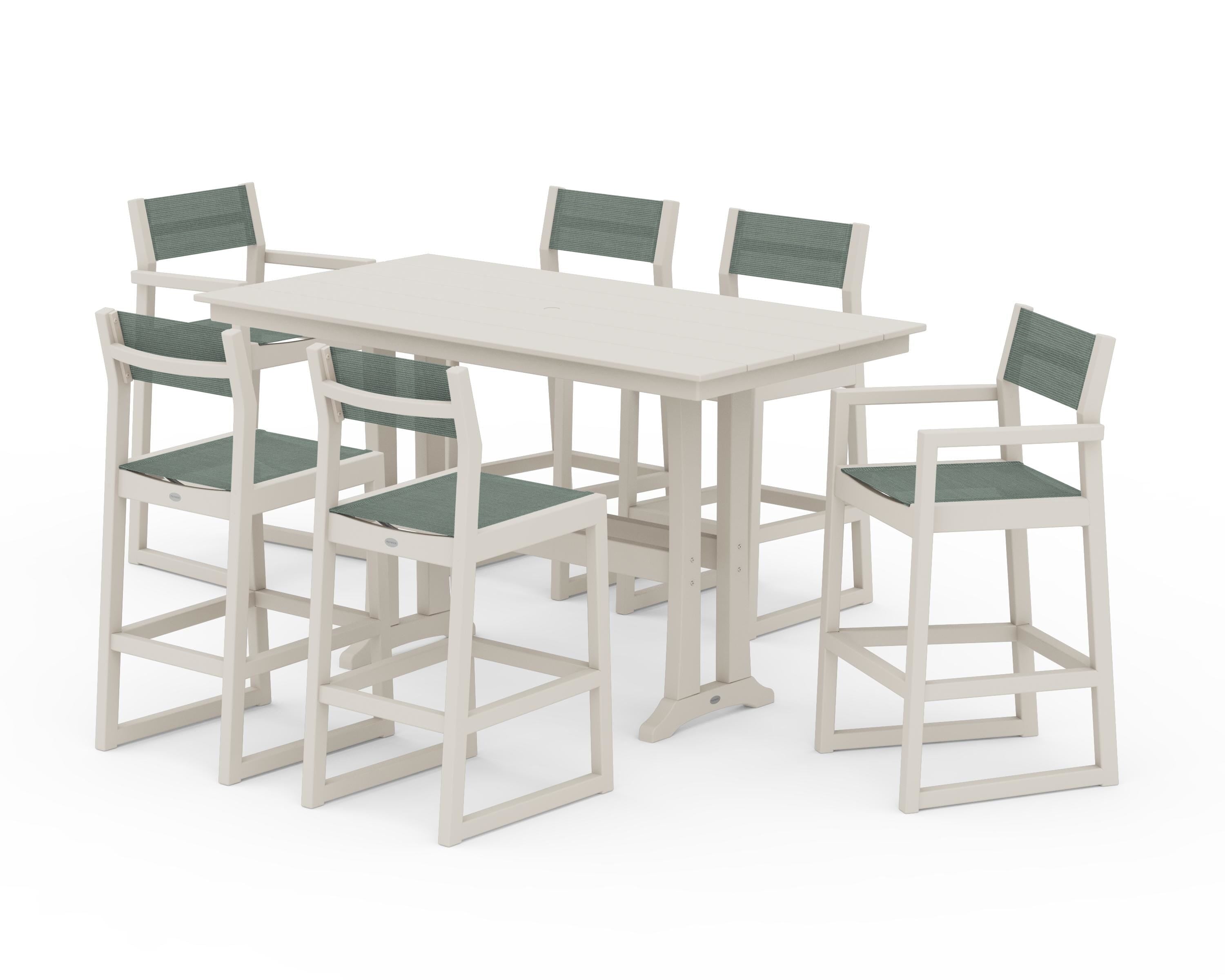 POLYWOOD EDGE Sling 7-Piece Farmhouse Bar Set with Trestle Legs in Sand / Dupioni Sea Mist Sling