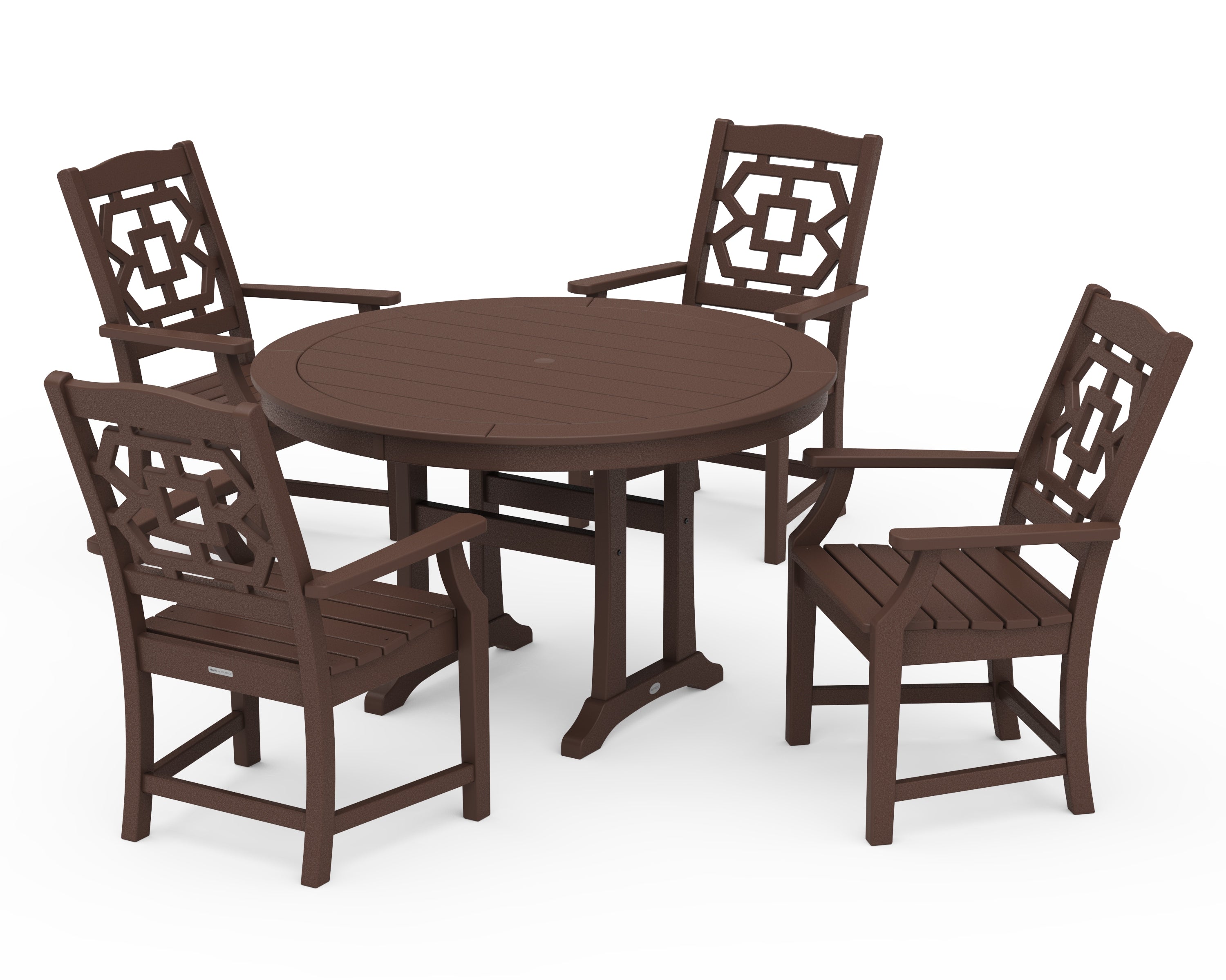 Martha Stewart by POLYWOOD Chinoiserie 5-Piece Round Dining Set with Trestle Legs in Mahogany