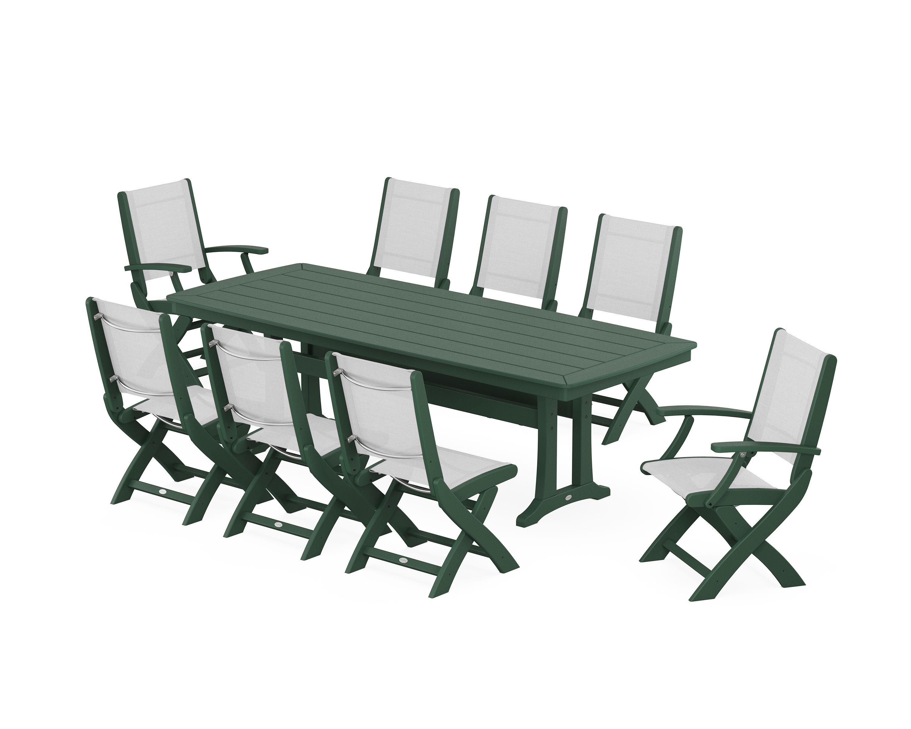 POLYWOOD Coastal Folding 9-Piece Dining Set with Trestle Legs in Green / White Sling