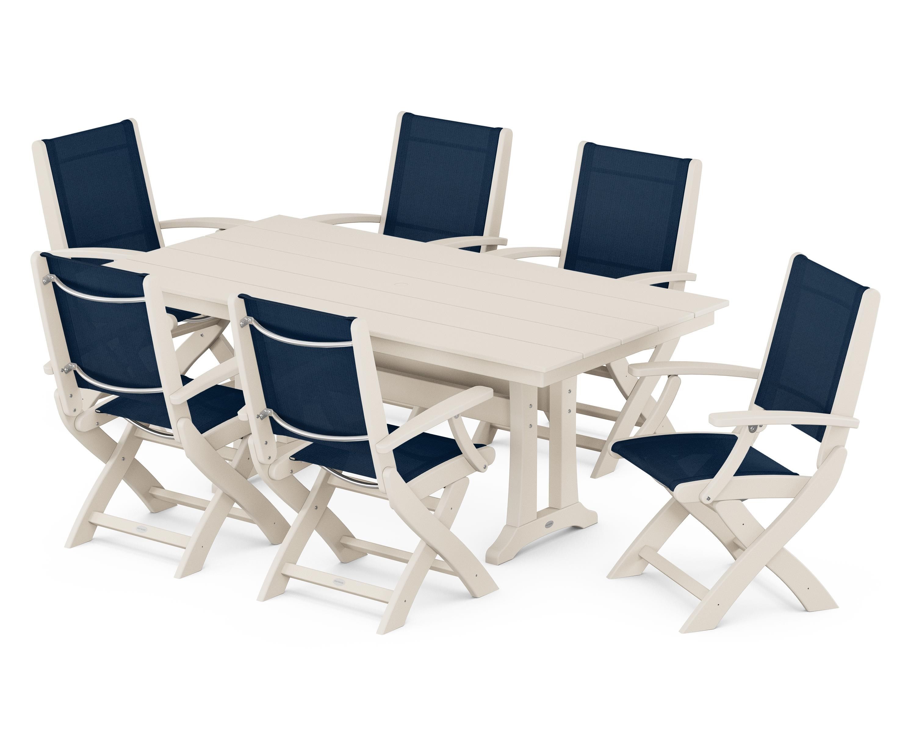 POLYWOOD Coastal Folding Arm Chair 7-Piece Farmhouse Dining Set with Trestle Legs in Sand / Navy Blue Sling