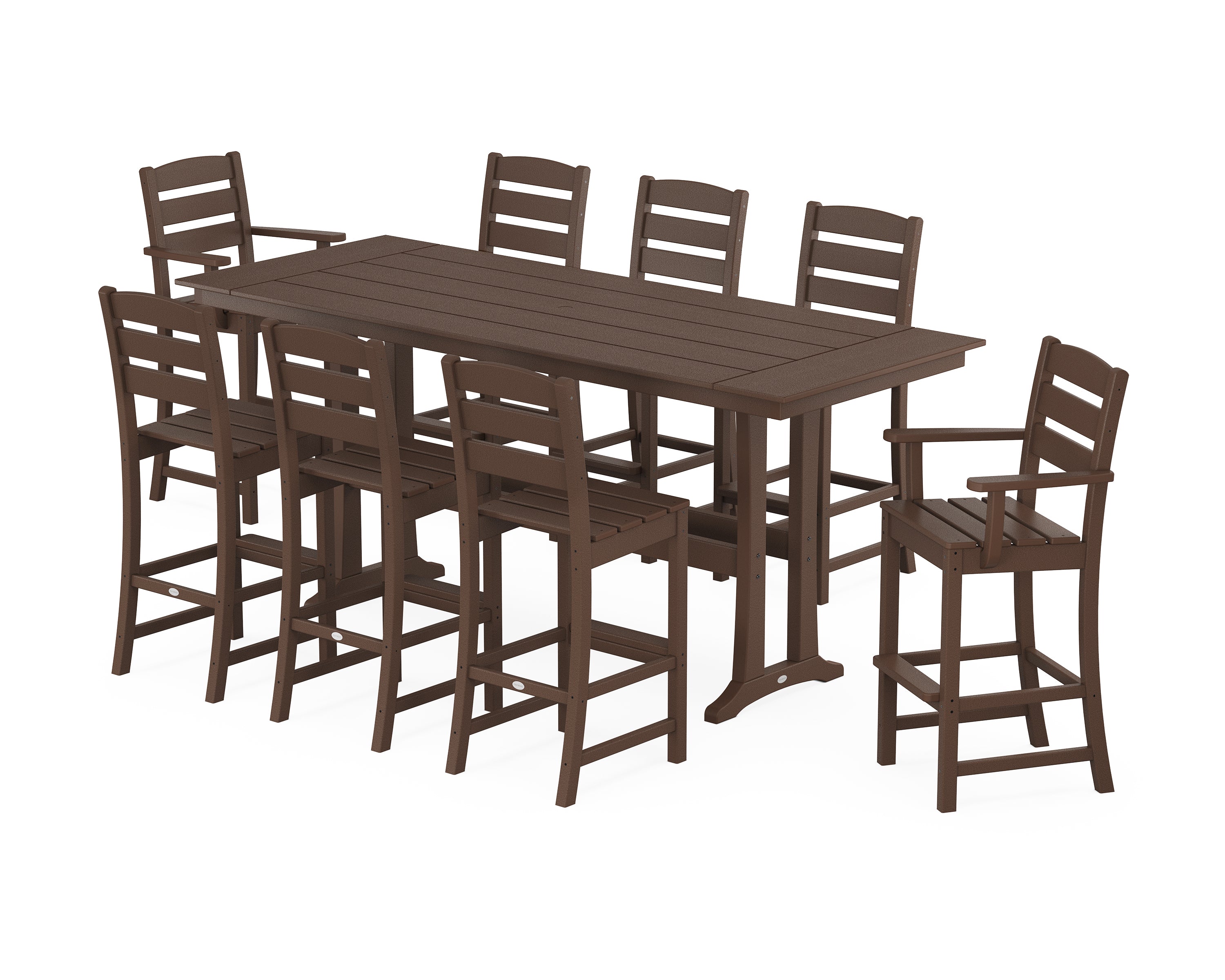 POLYWOOD® Lakeside 9-Piece Farmhouse Bar Set with Trestle Legs in Mahogany