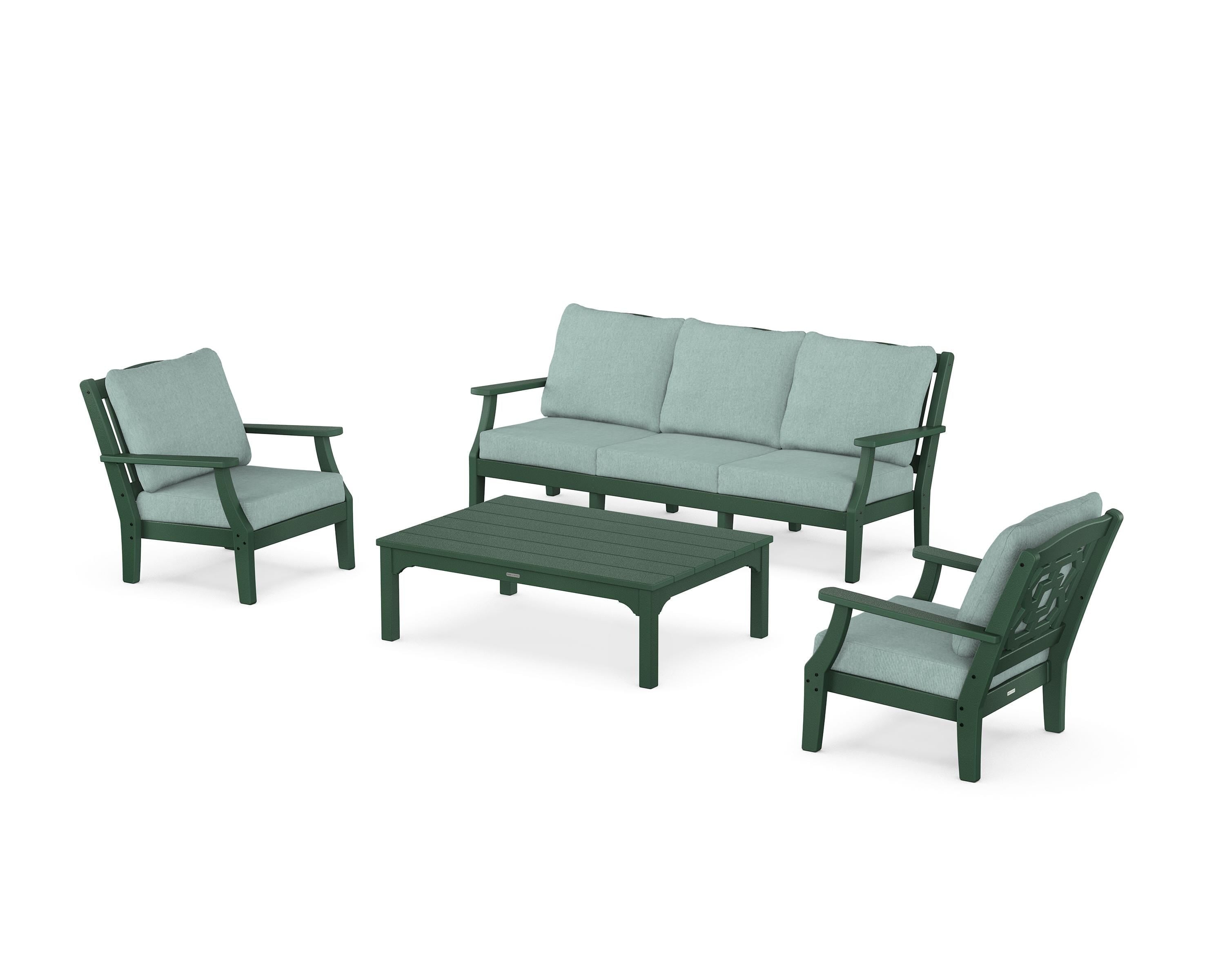 Martha Stewart by POLYWOOD Chinoiserie 4-Piece Deep Seating Set with Sofa in Green / Glacier Spa