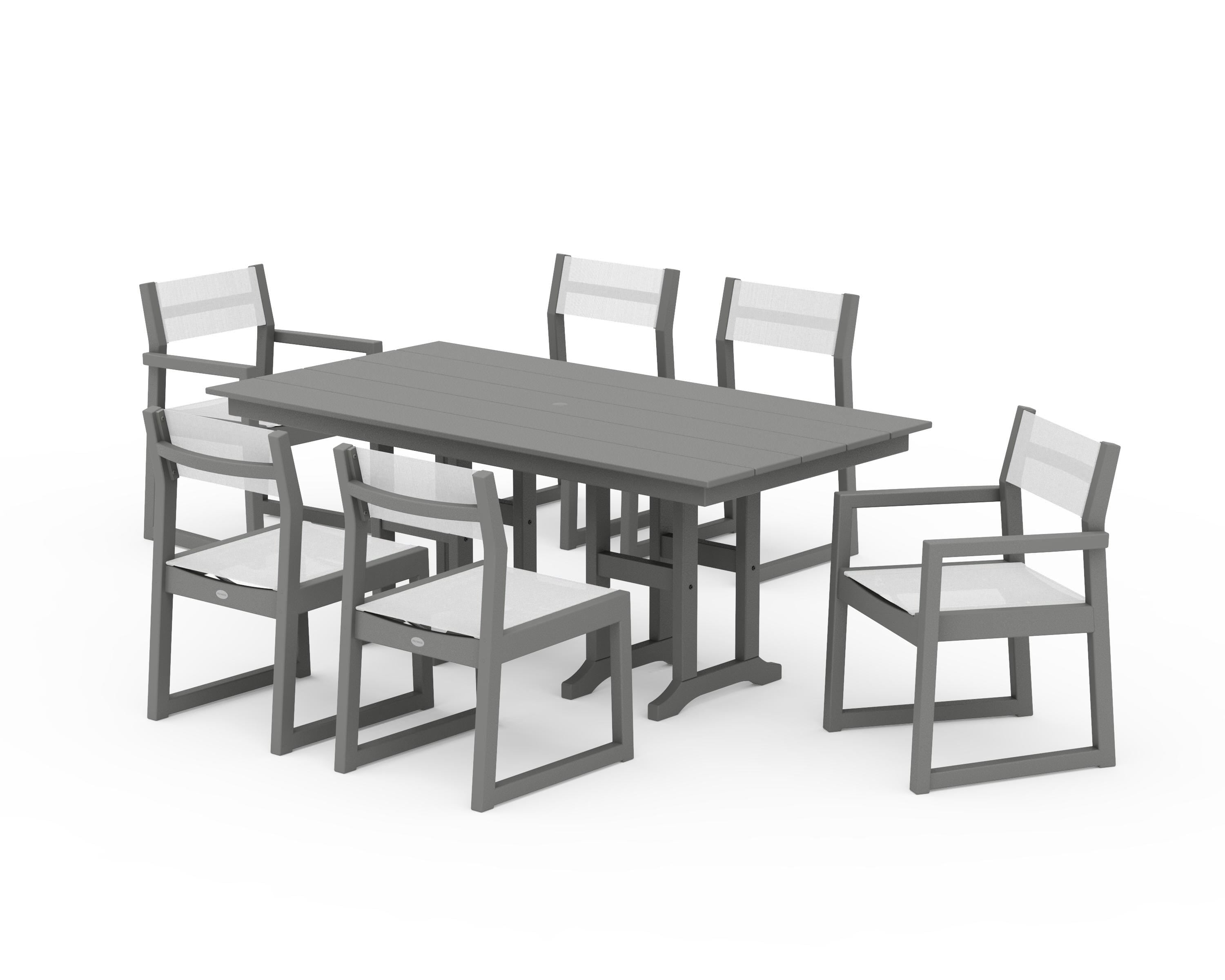 POLYWOOD EDGE Sling 7-Piece Farmhouse Dining Set in Slate Grey / White Sling